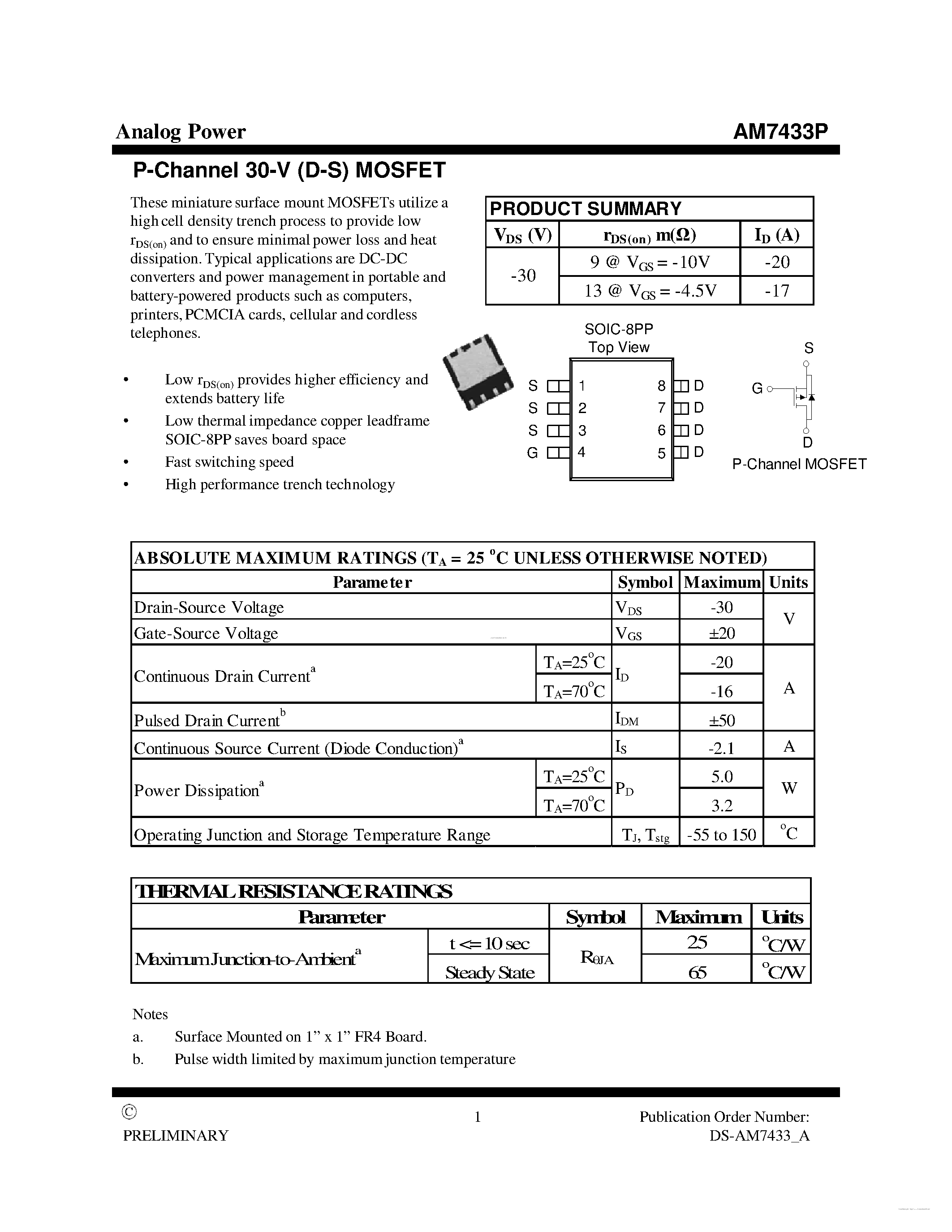 Даташит AM7433P - MOSFET страница 1