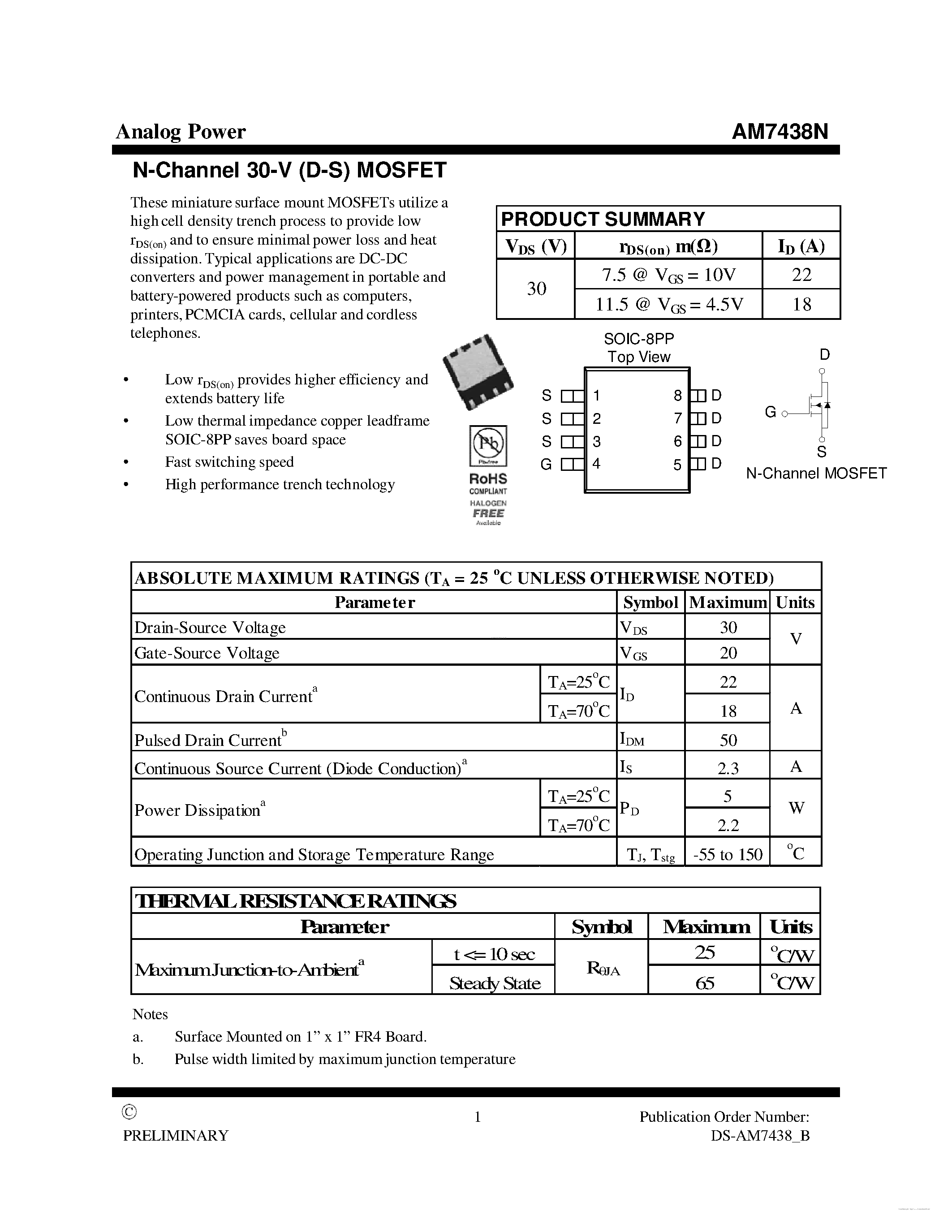 Datasheet AM7438N page 1 Datasheet AM7438N - MOSFET page 1