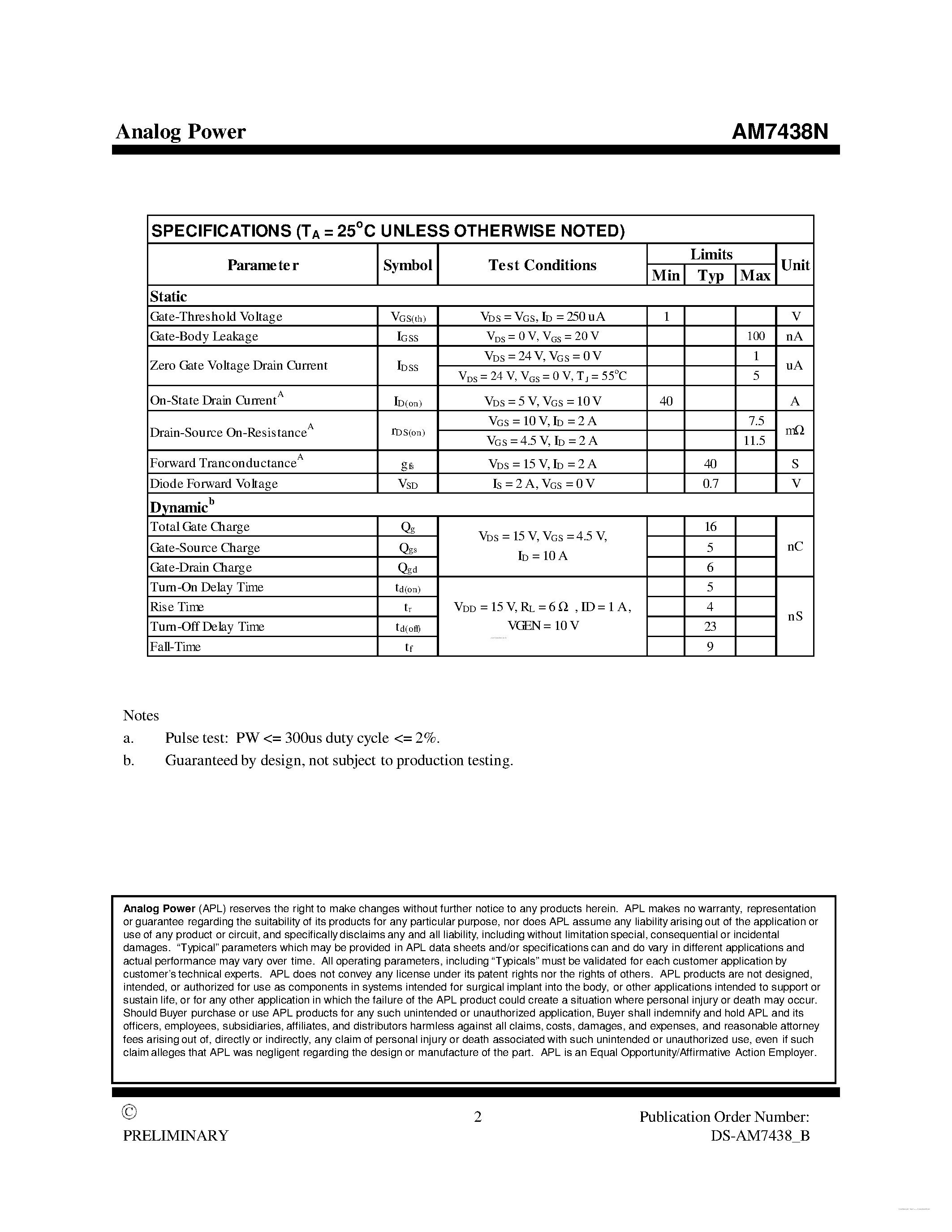 Datasheet AM7438N page 2 Datasheet AM7438N - MOSFET page 2