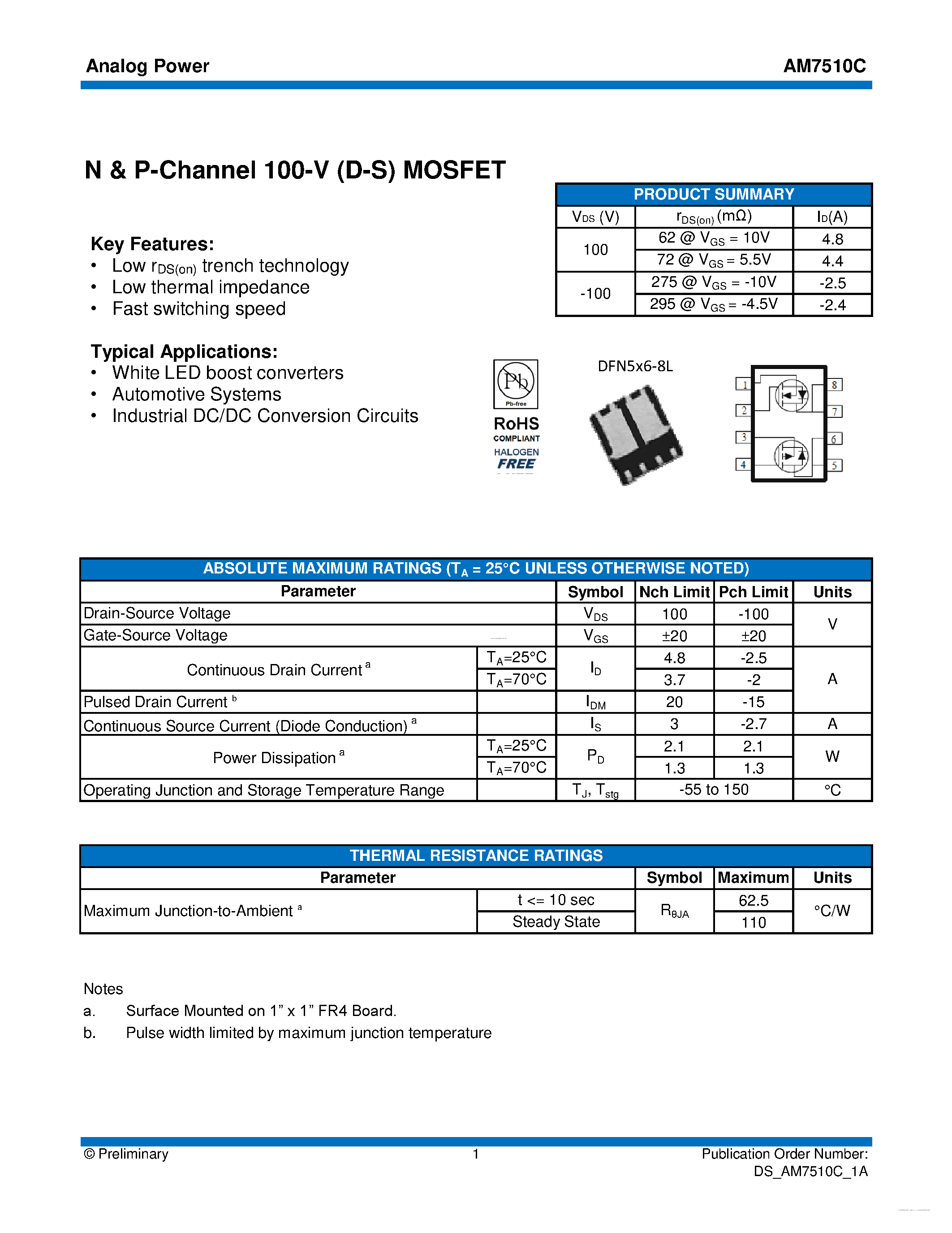 Datasheet AM7510C page 1 Datasheet AM7510C - MOSFET page 1