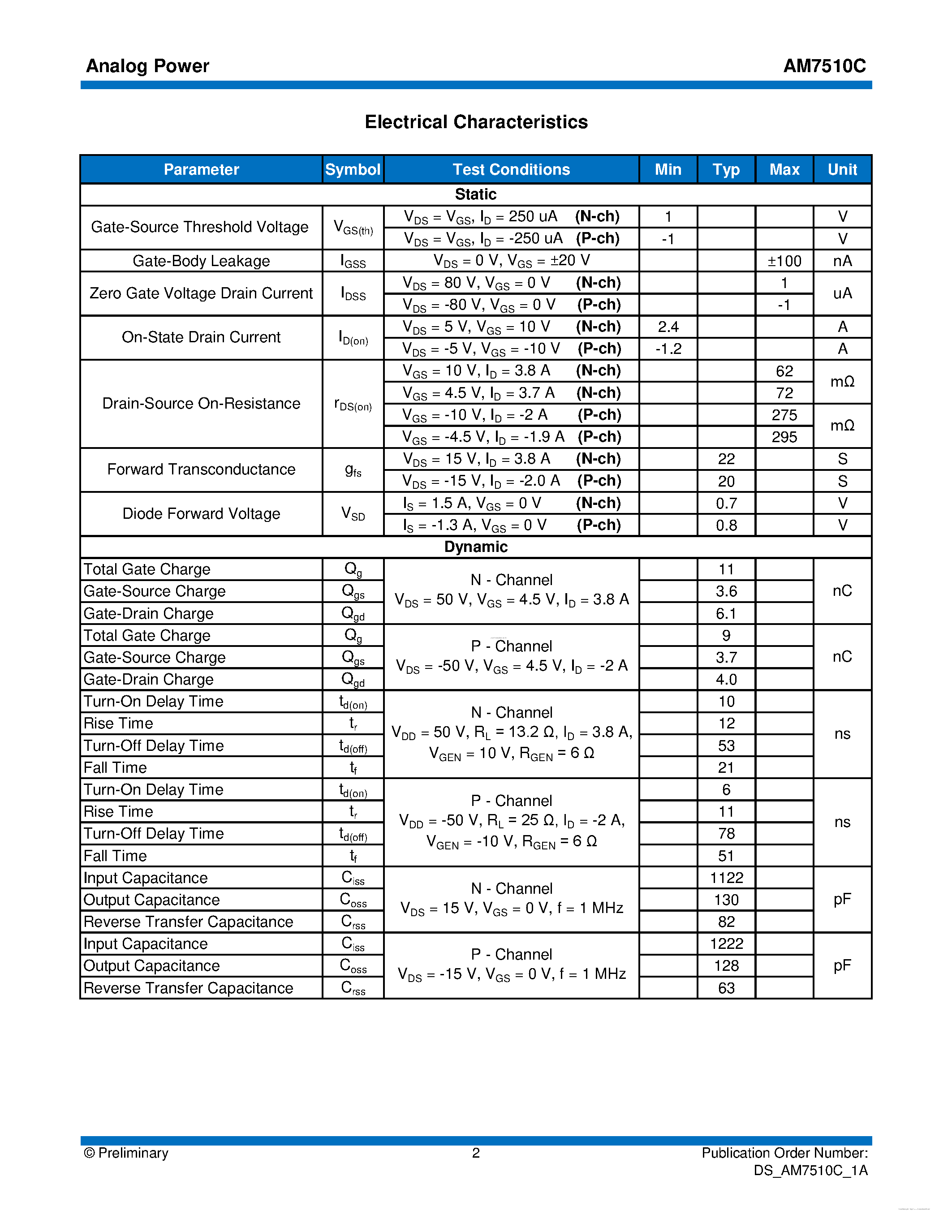 Datasheet AM7510C page 2 Datasheet AM7510C - MOSFET page 2