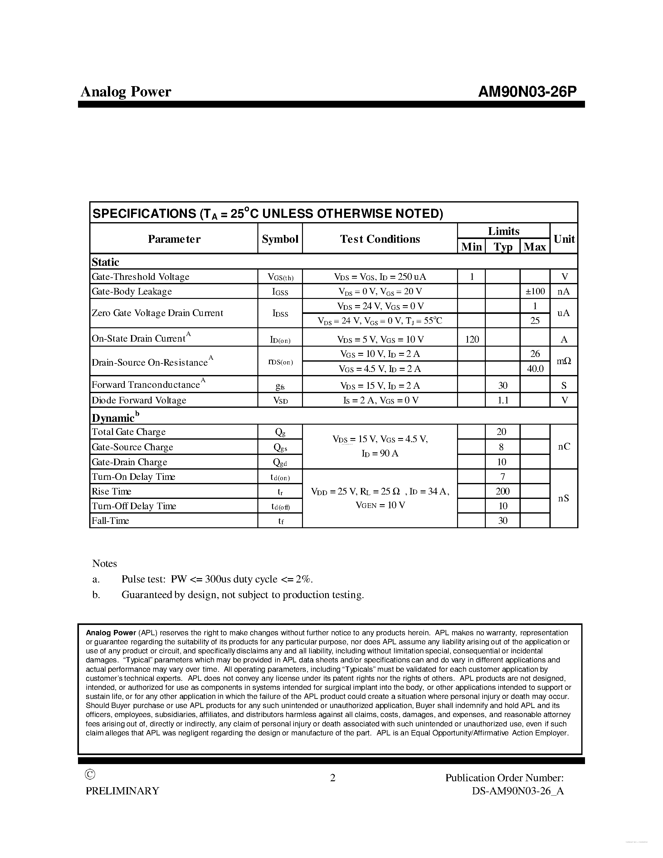 Datasheet AM90N03-26P page 2 Datasheet AM90N03-26P - MOSFET page 2