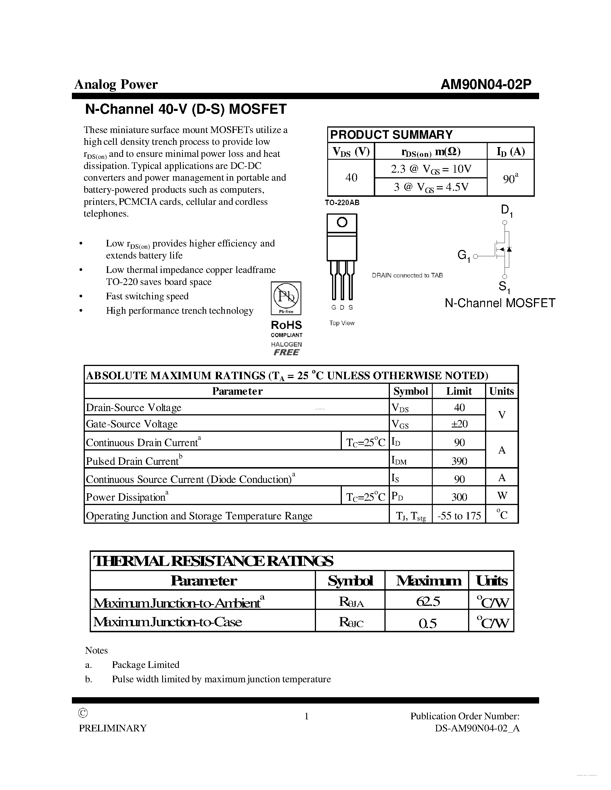 Datasheet AM90N04-02P - MOSFET page 1
