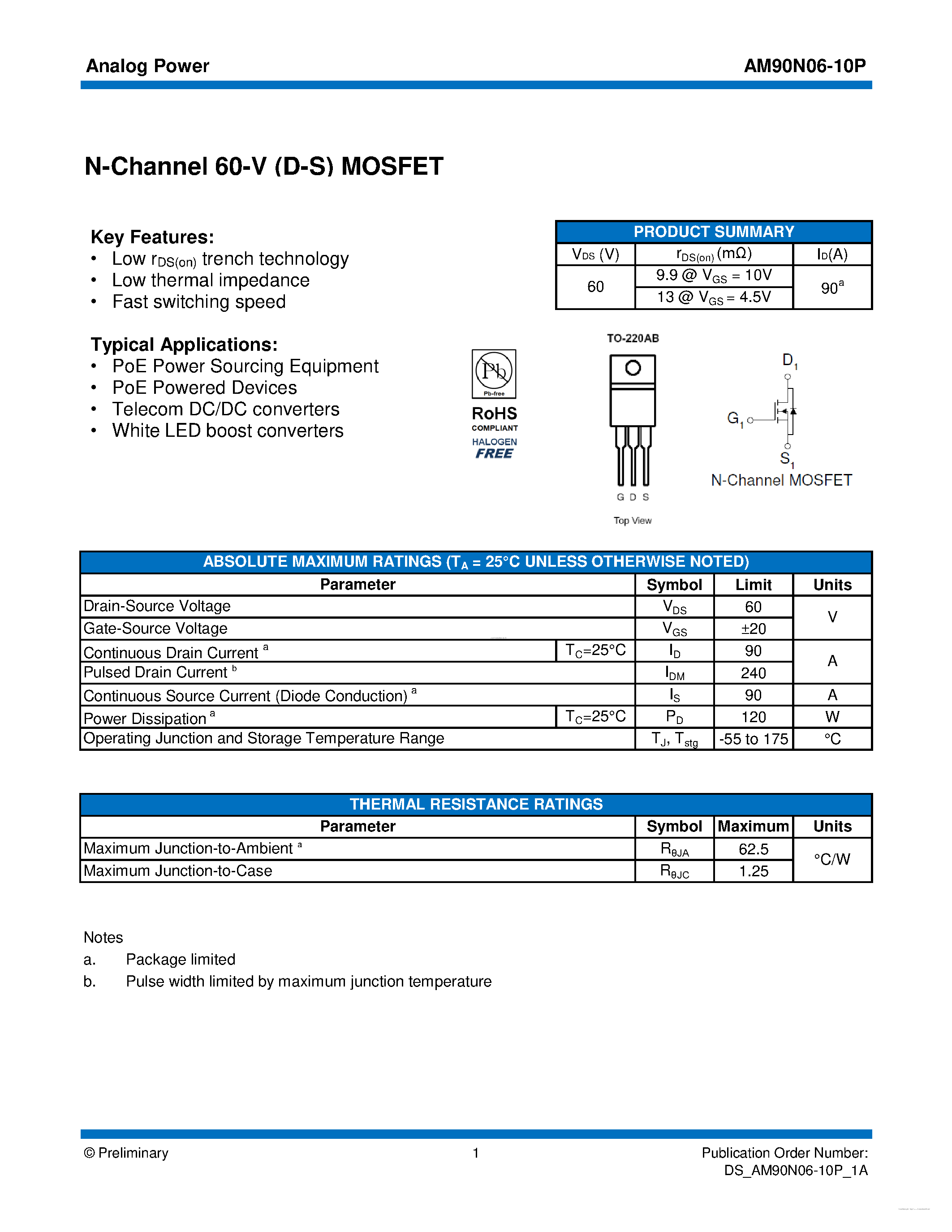 Datasheet AM90N06-10P page 1 Datasheet AM90N06-10P - MOSFET page 1