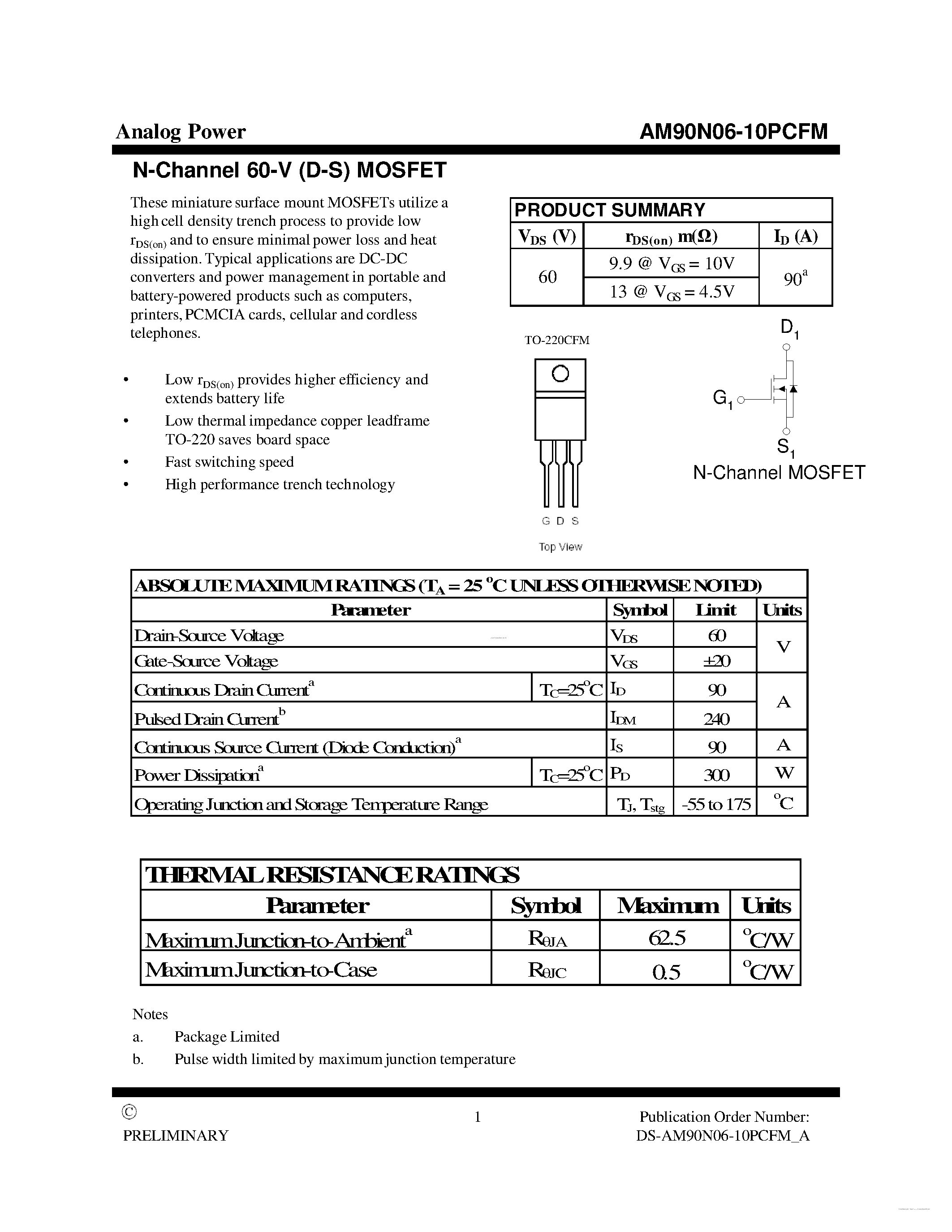 Datasheet AM90N06-10PCFM - MOSFET page 1