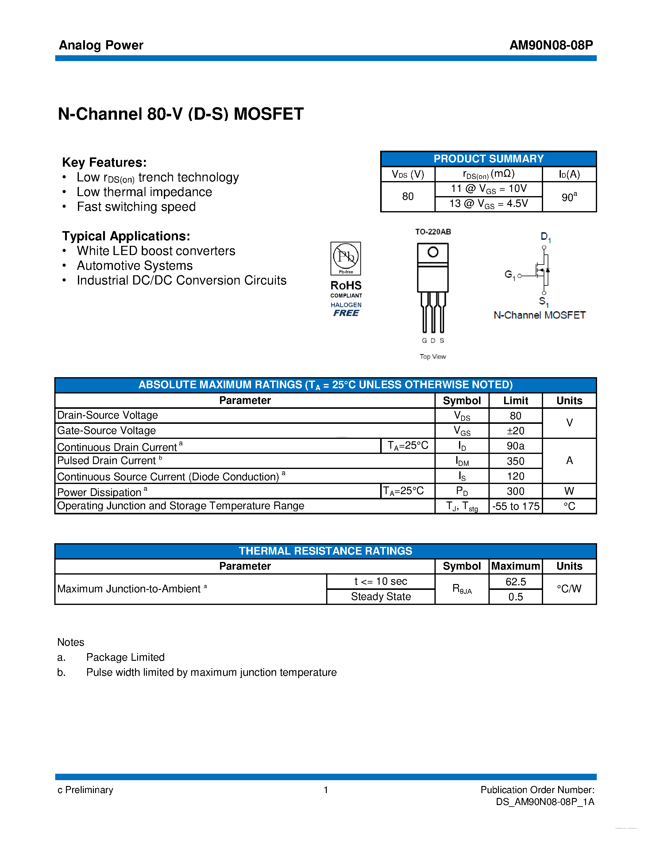 Datasheet AM90N08-08P page 1 Datasheet AM90N08-08P - MOSFET page 1