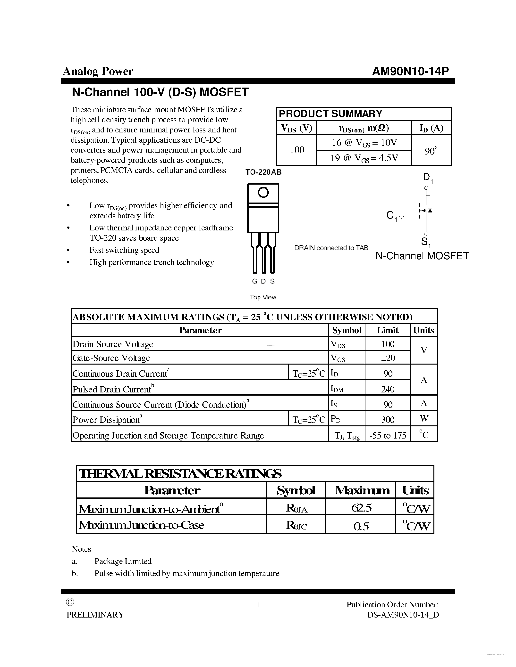 Datasheet AM90N10-14P page 1 Datasheet AM90N10-14P - MOSFET page 1