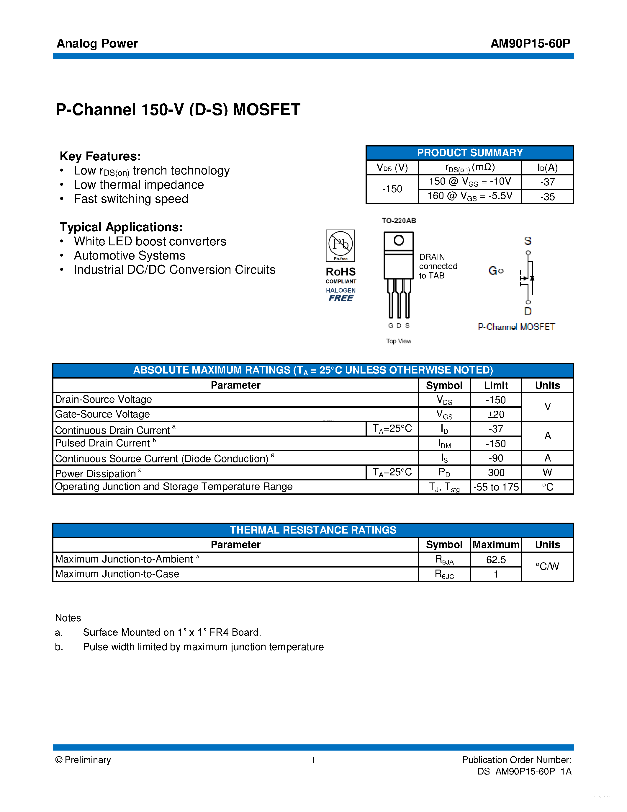 Datasheet AM90P15-60P - MOSFET page 1