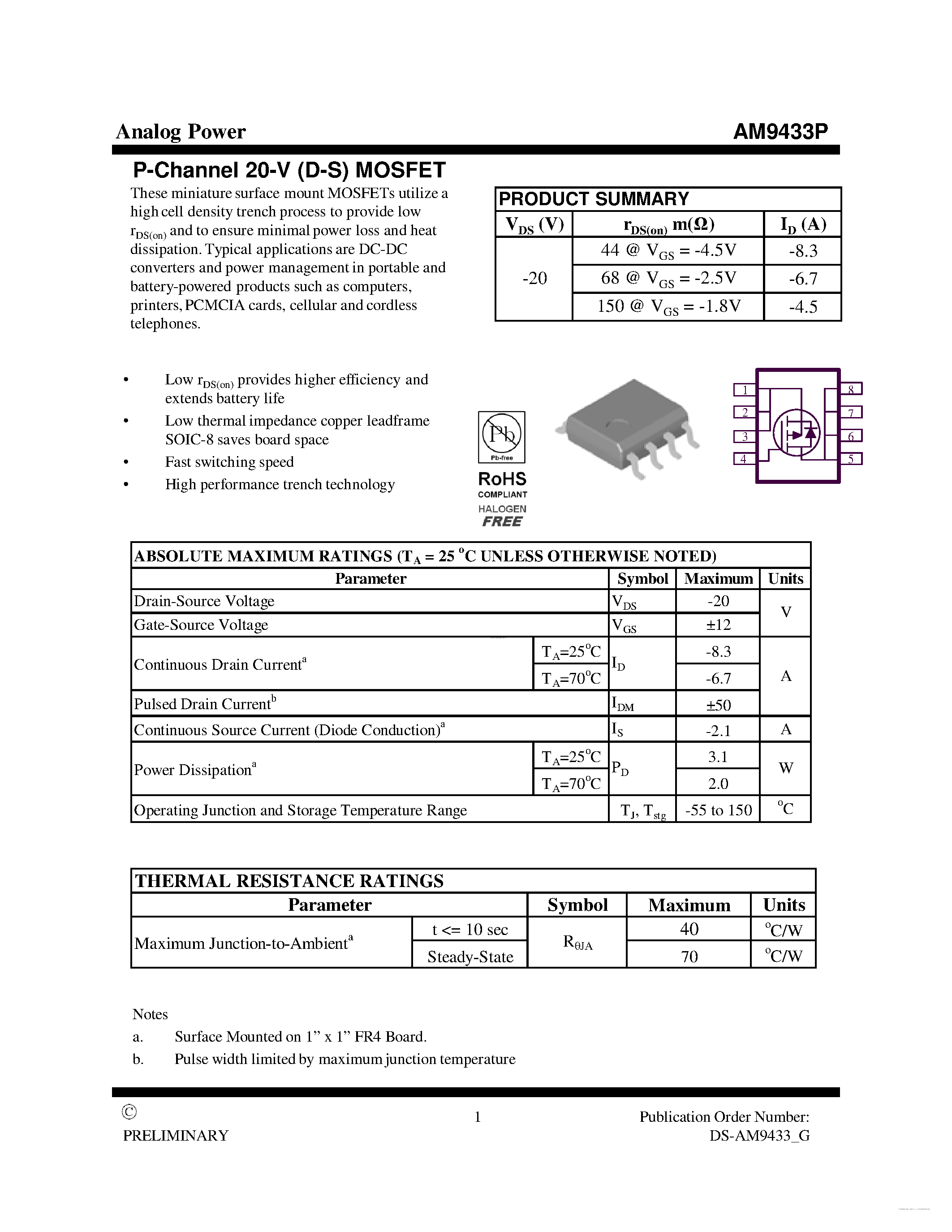 Даташит AM9433P - MOSFET страница 1
