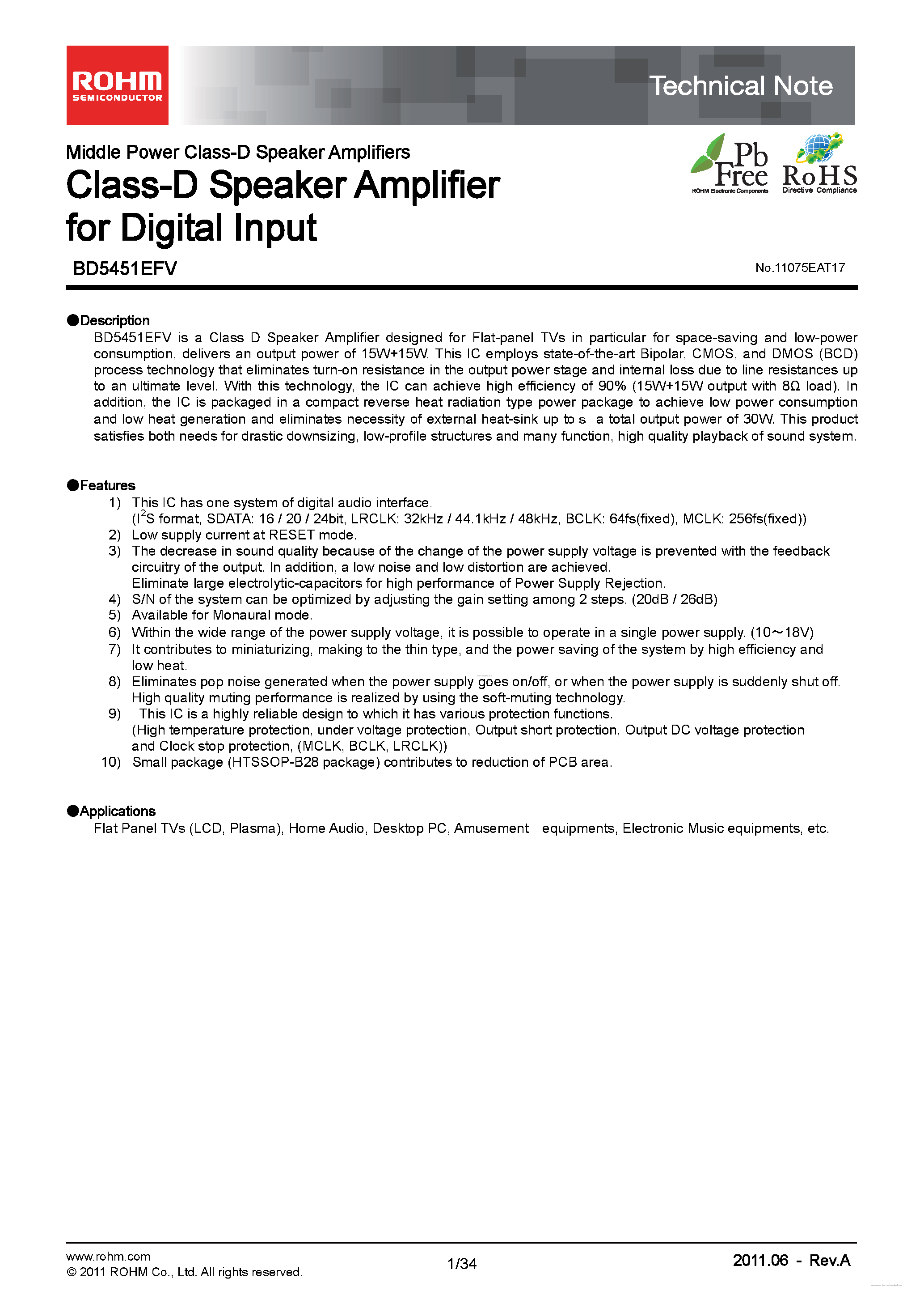 Datasheet BD5451EFV - Class-D Speaker Amplifier page 1