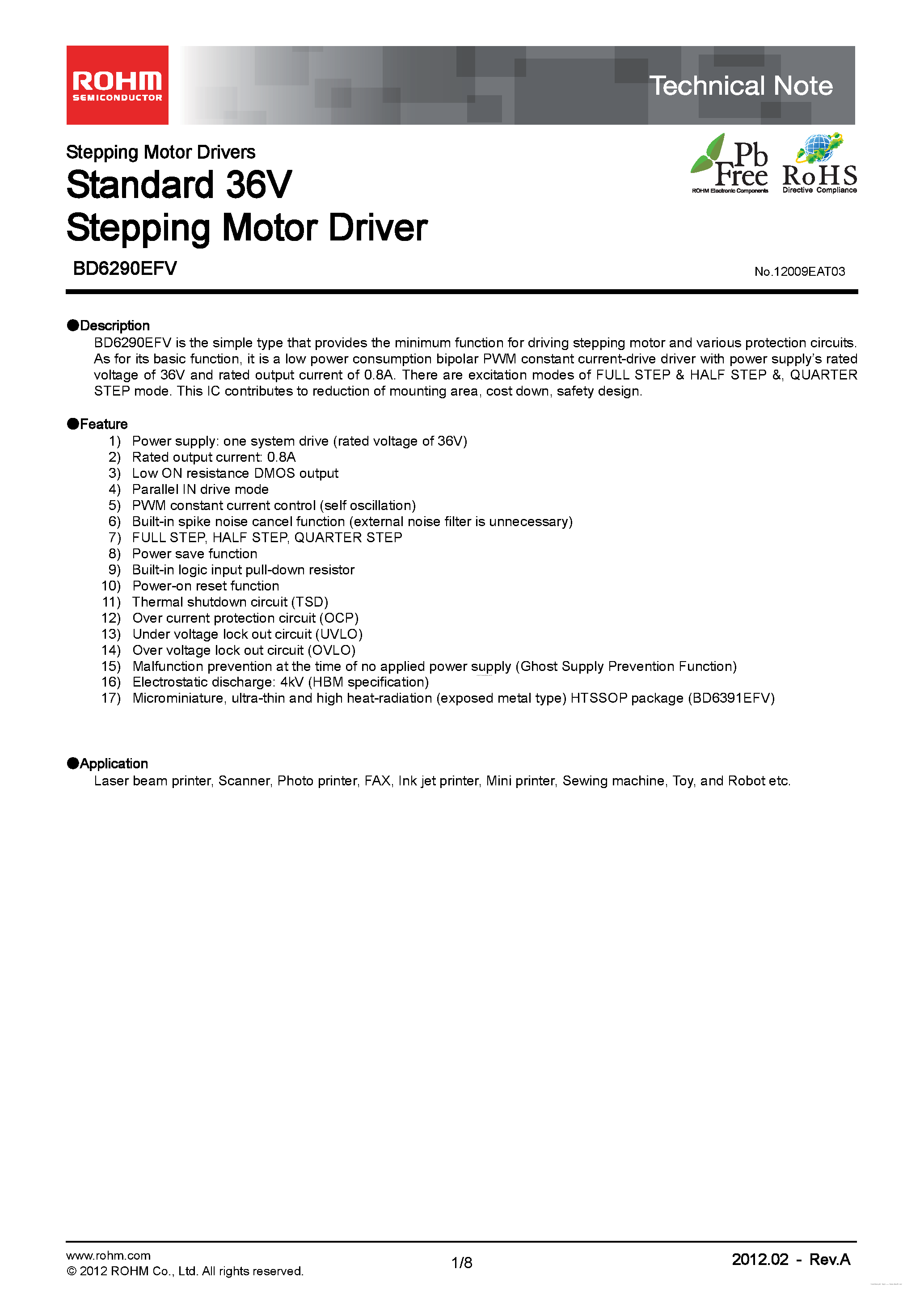 Даташит BD6290EFV - Standard 36V Stepping Motor Driver страница 1