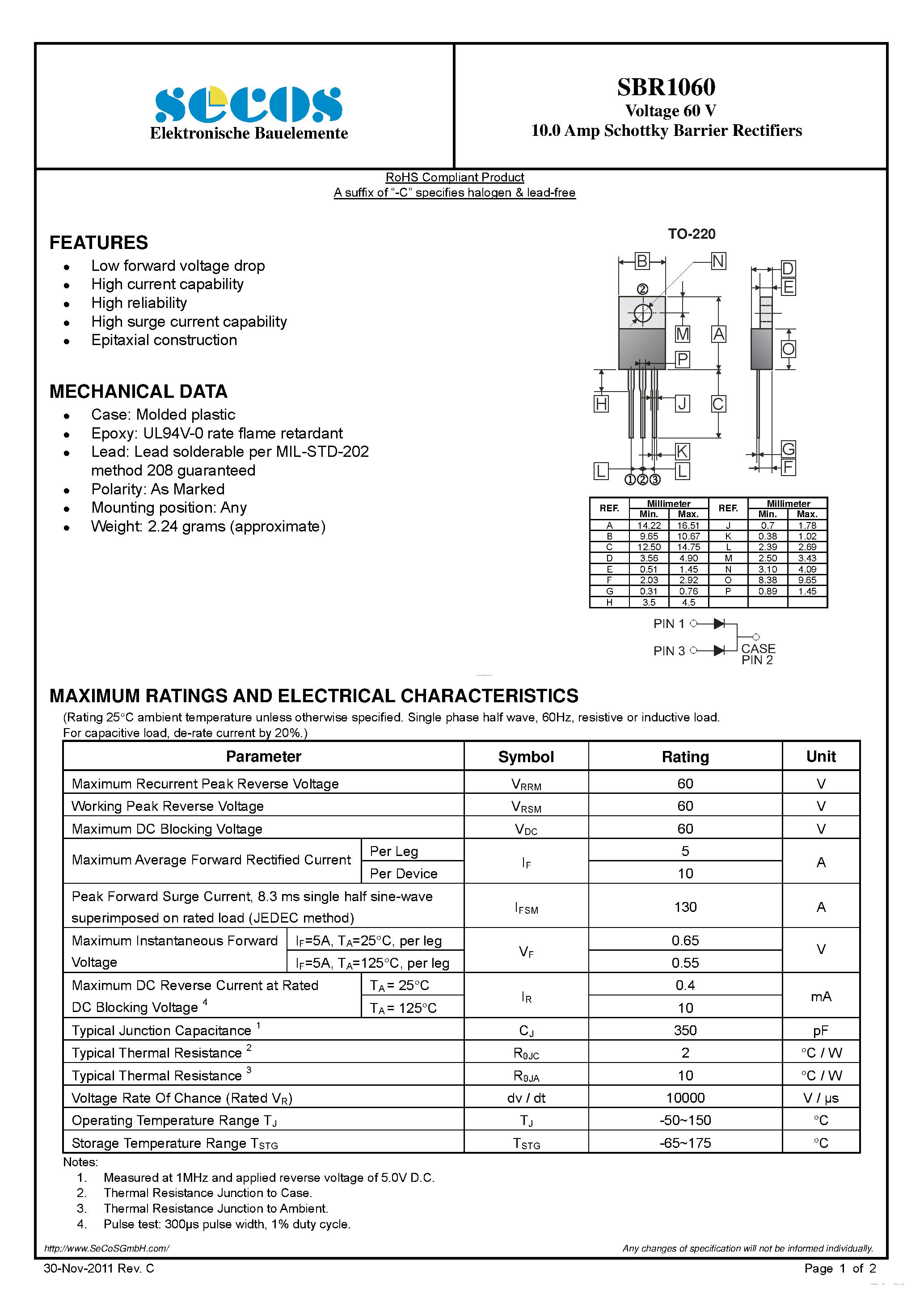 Datasheet SBR1060 page 1 Datasheet SBR1060 - Schottky Barrier Rectifiers page 1