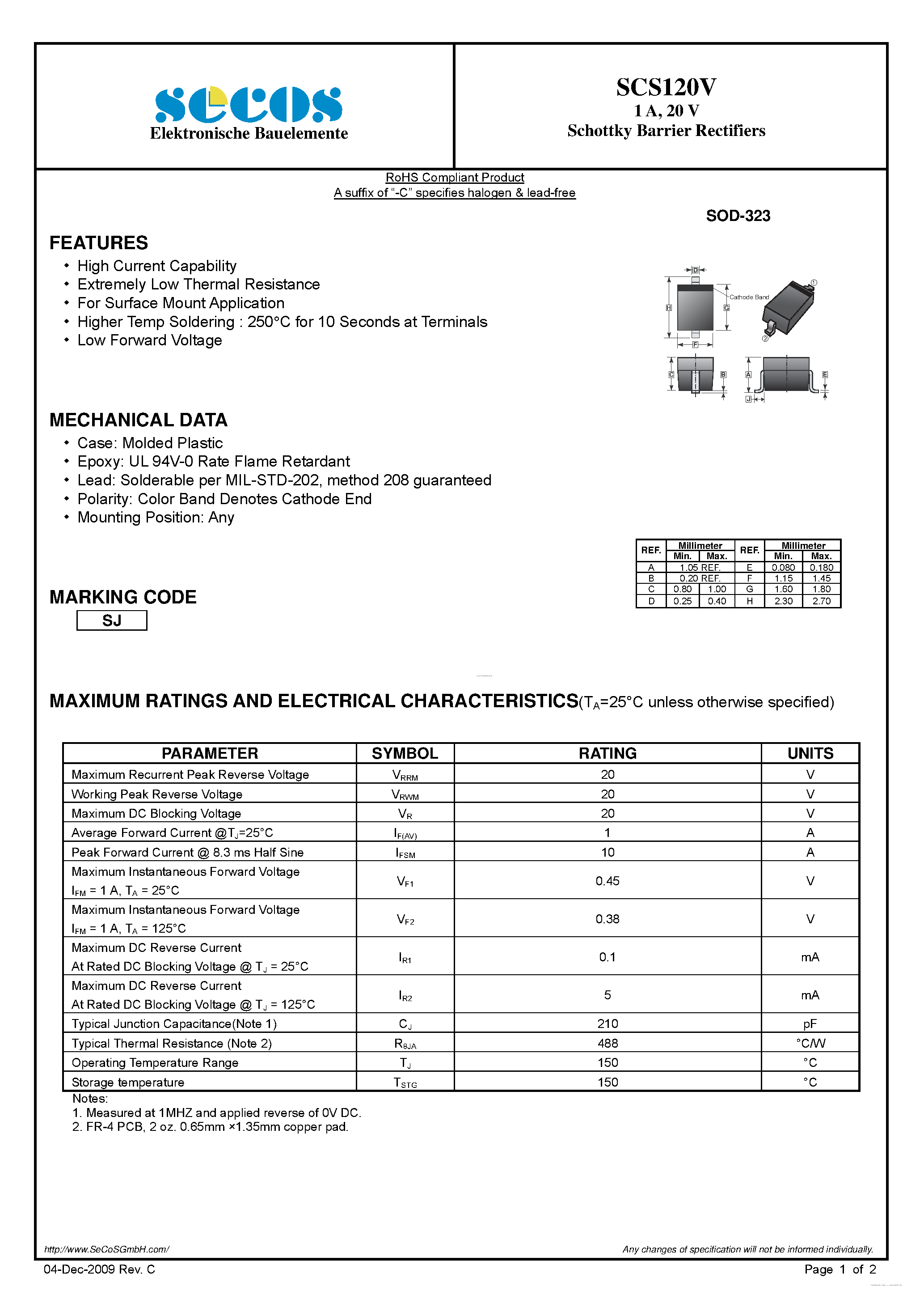 Даташит на микросхему SCS120V страница 1 Даташит SCS120V - Schottky Barrier Rectifiers страница 1