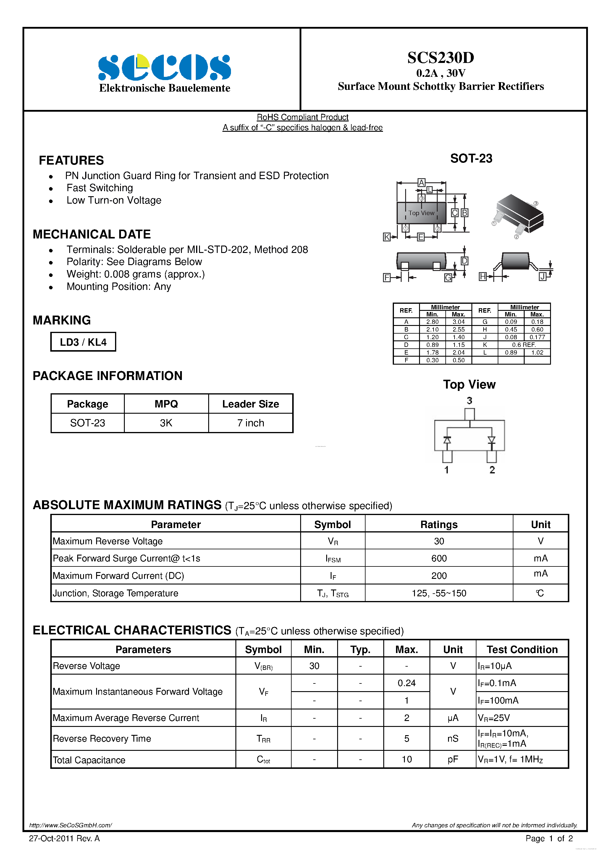 Datasheet SCS230D page 1 Datasheet SCS230D - Schottky Barrier Rectifiers page 1