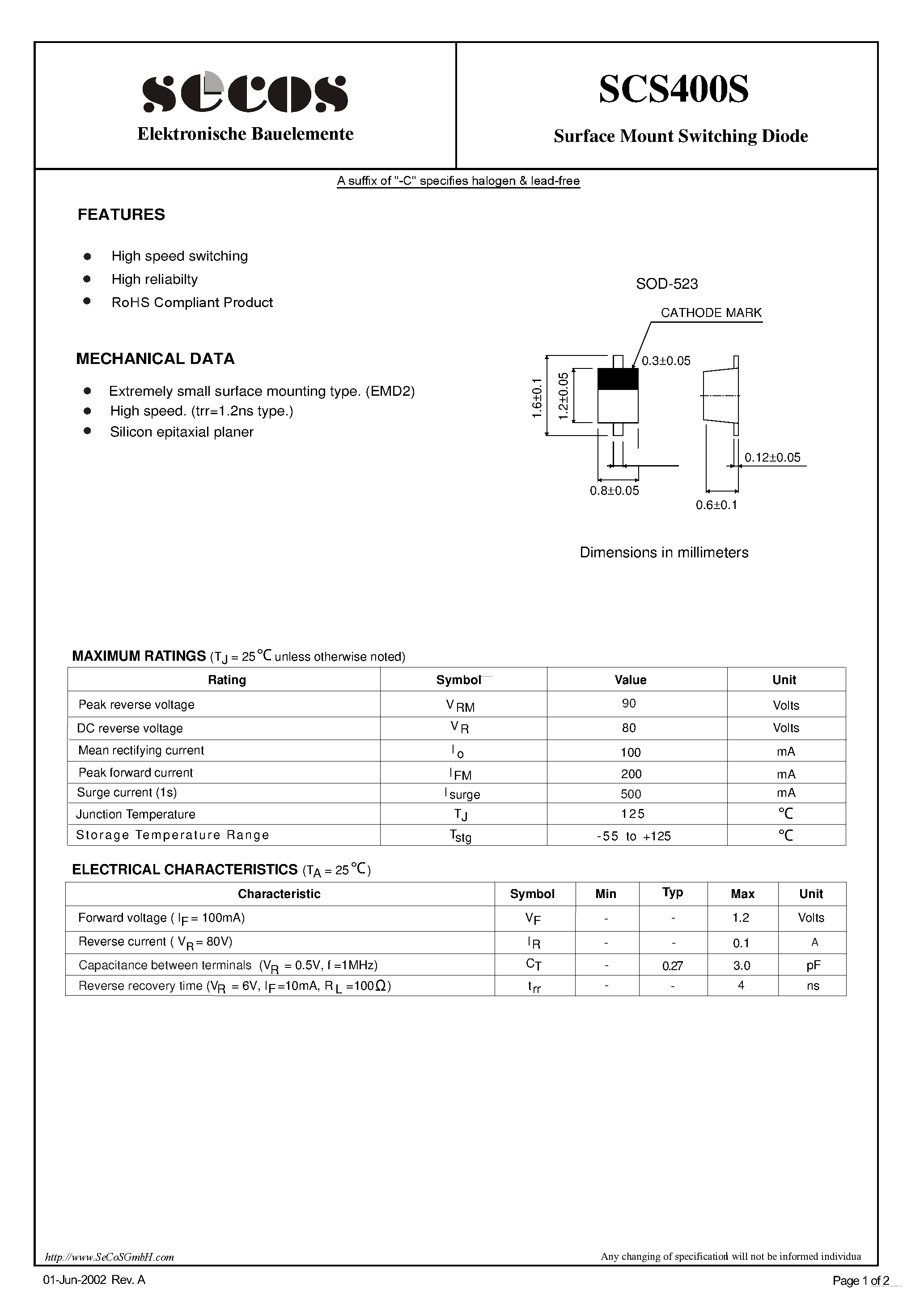 Datasheet SCS400S page 1 Datasheet SCS400S - Switching Diode page 1