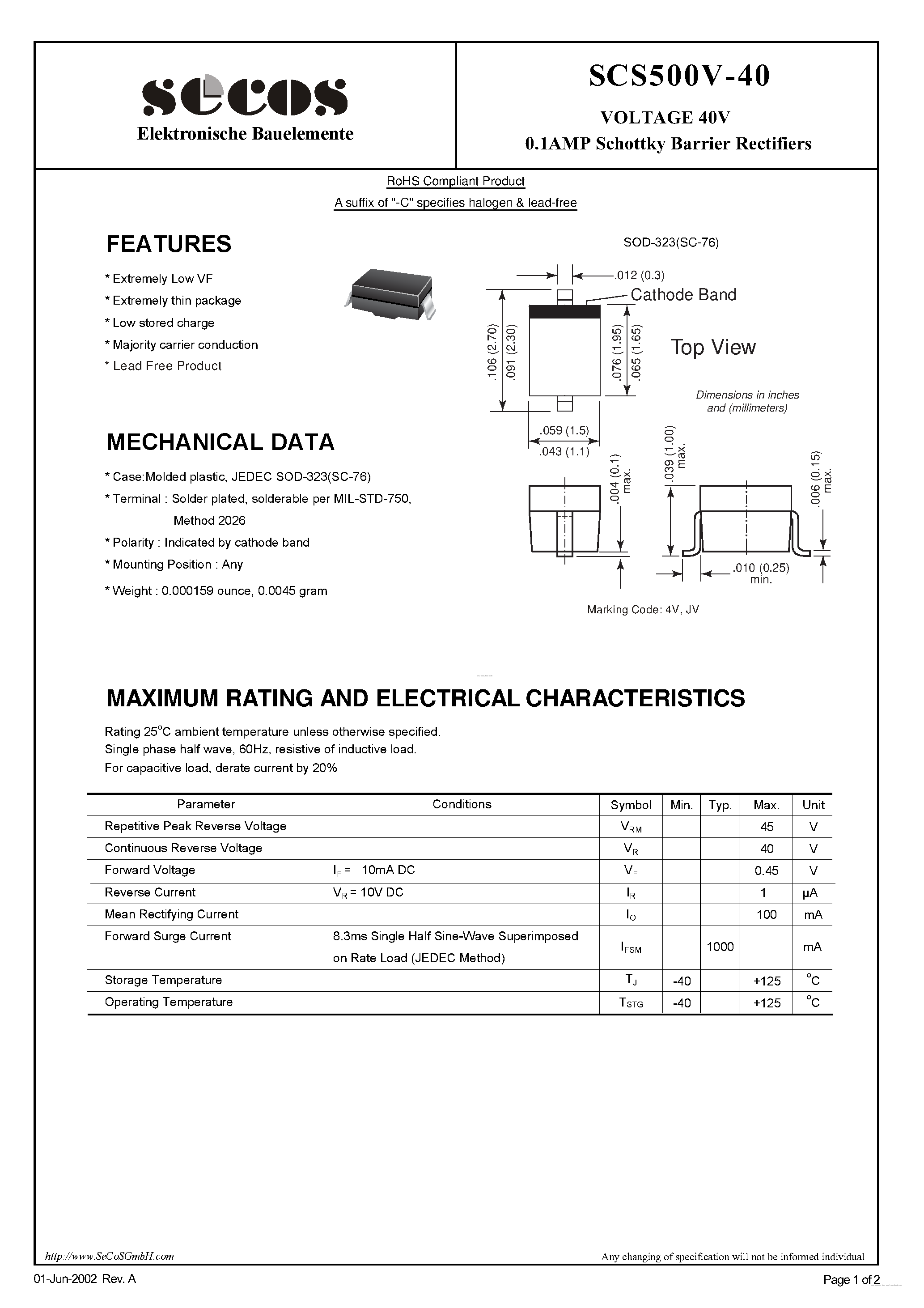 Datasheet SCS500V-40 page 1 Datasheet SCS500V-40 - Schottky Barrier Rectifiers page 1