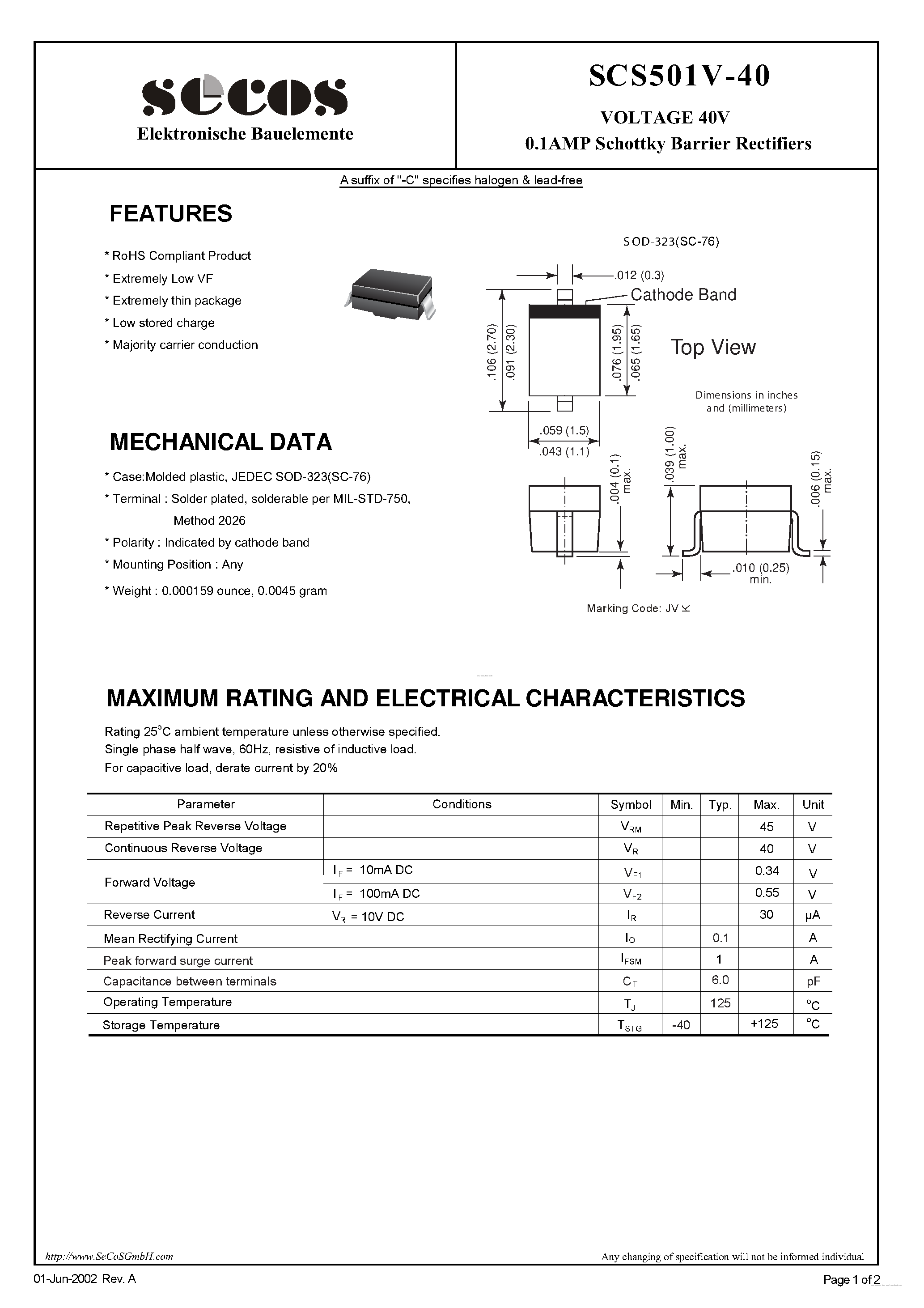Даташит на микросхему SCS501V-40 страница 1 Даташит SCS501V-40 - Schottky Barrier Rectifiers страница 1