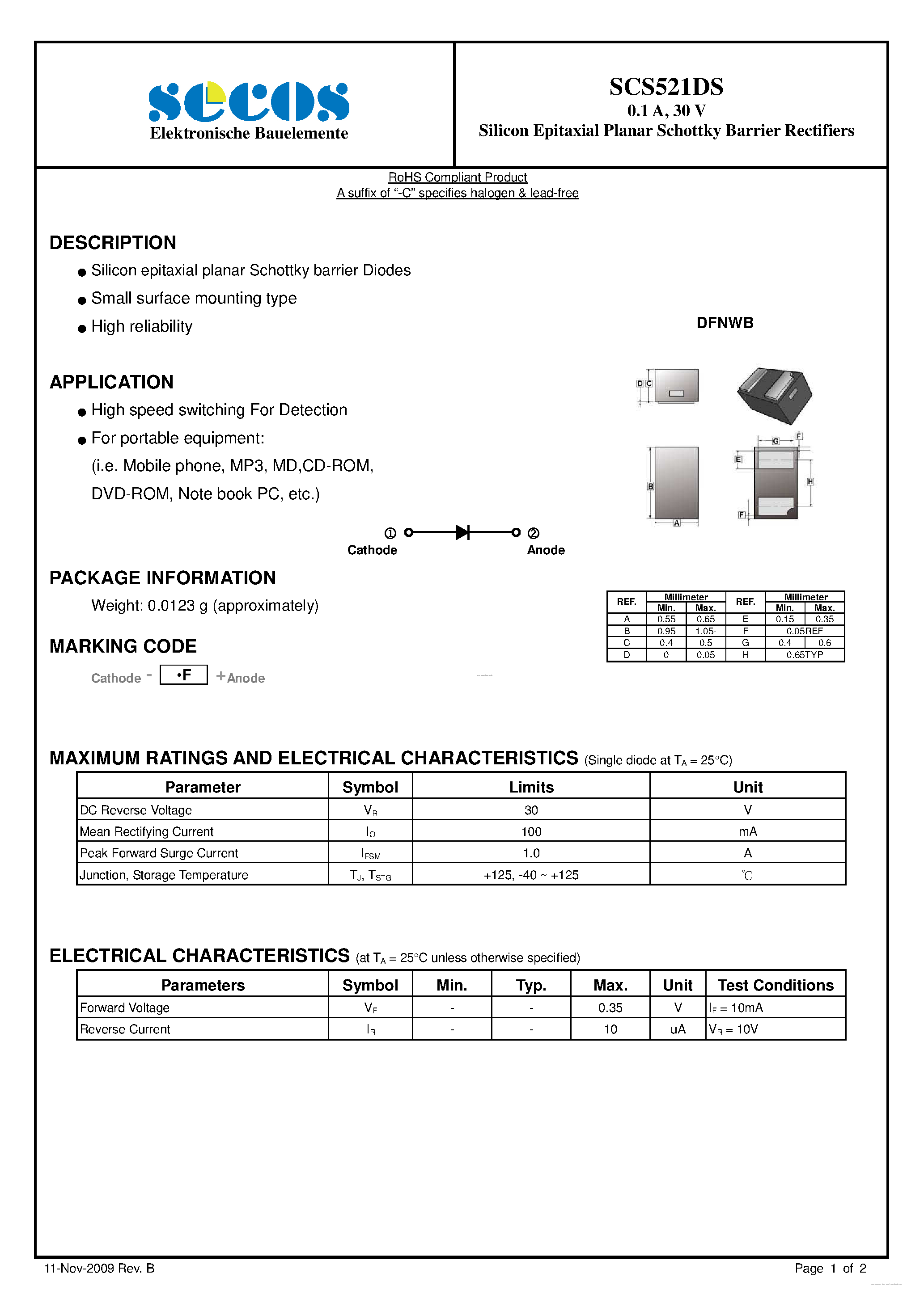 Datasheet SCS521DS page 1 Datasheet SCS521DS - Schottky Barrier Rectifiers page 1