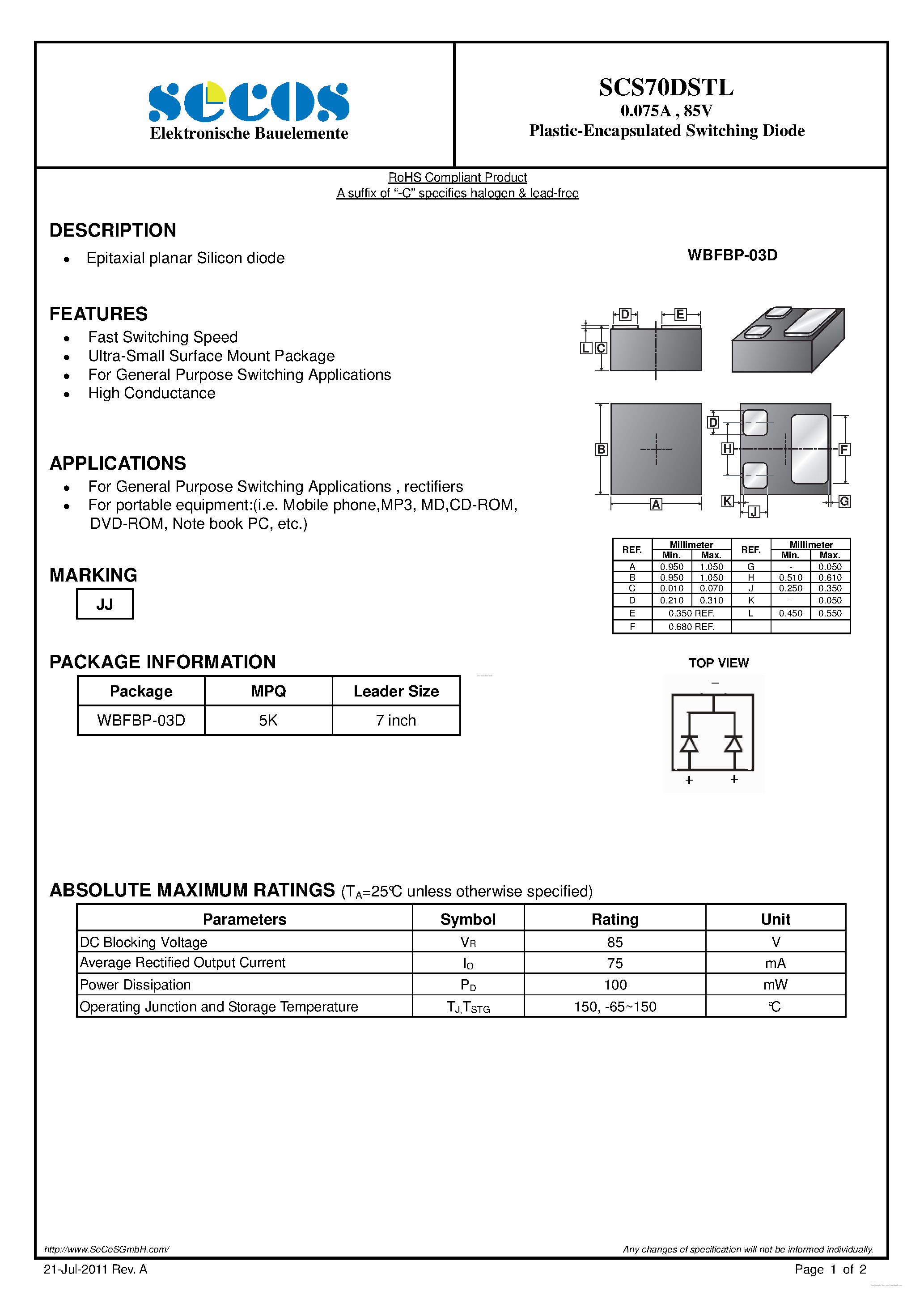 Datasheet SCS70DSTL page 1 Datasheet SCS70DSTL - Switching Diode page 1