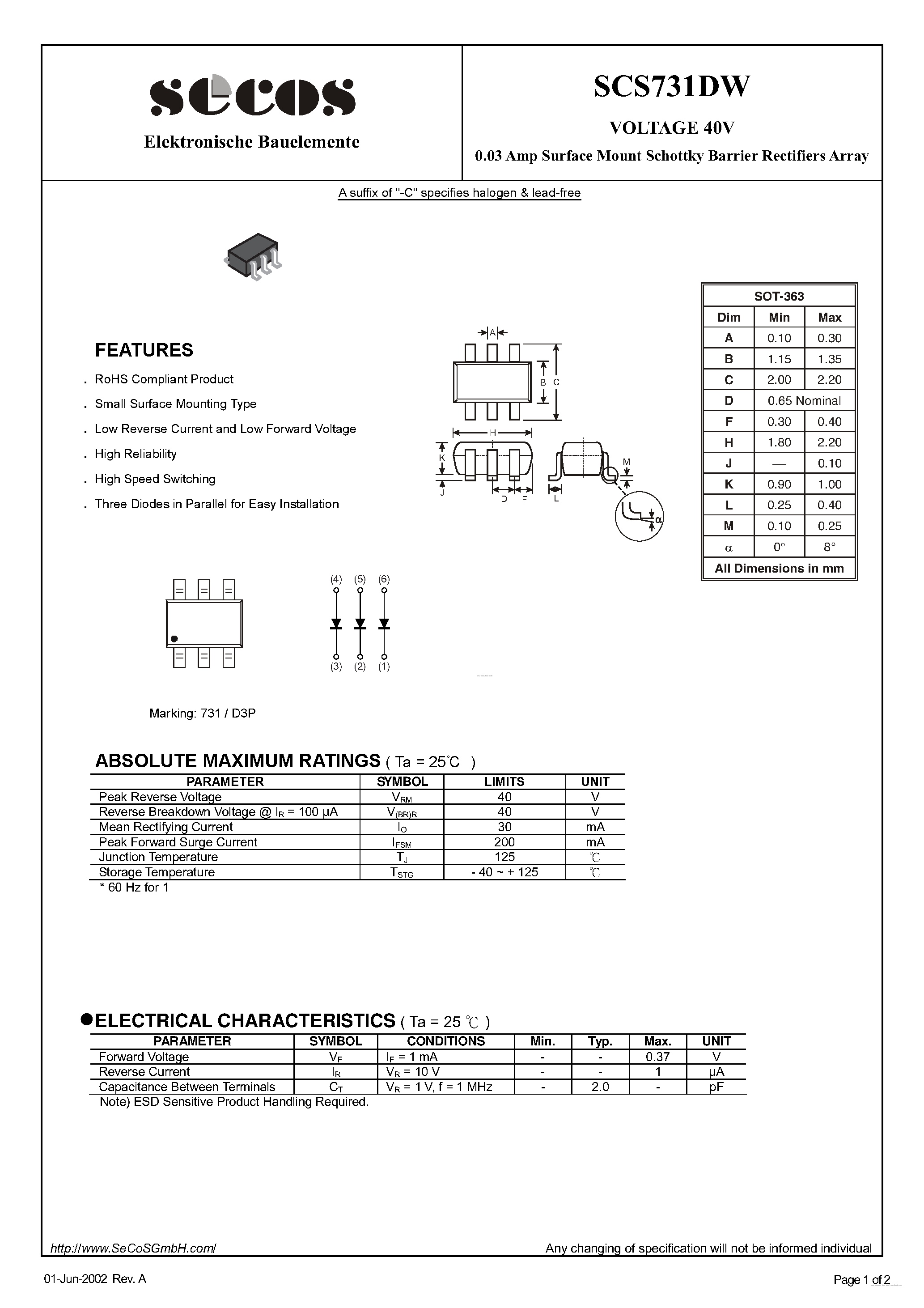 Datasheet SCS731DW page 1 Datasheet SCS731DW - Schottky Barrier Rectifiers page 1