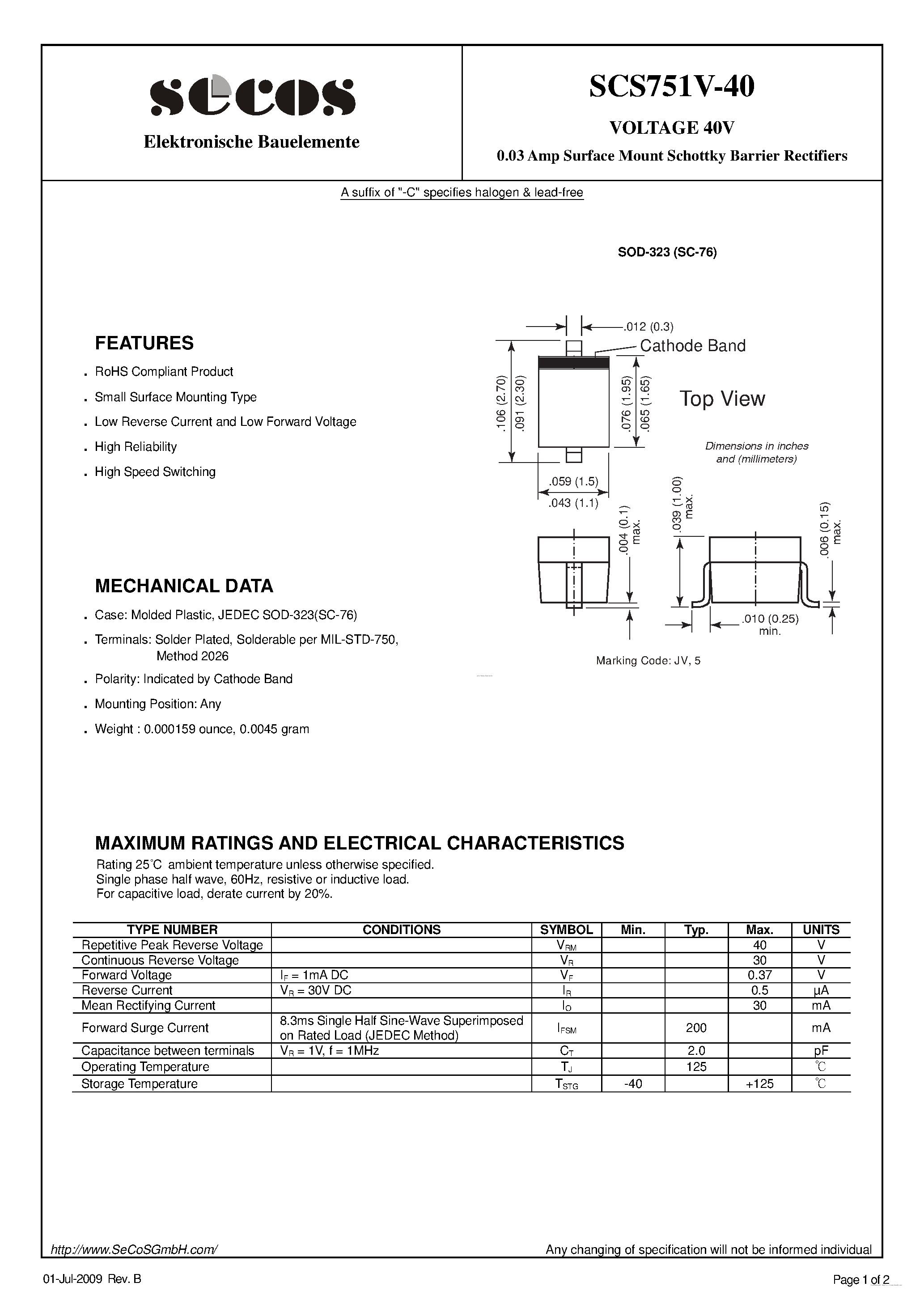 Даташит на микросхему SCS751V-40 страница 1 Даташит SCS751V-40 - Schottky Barrier Rectifiers страница 1