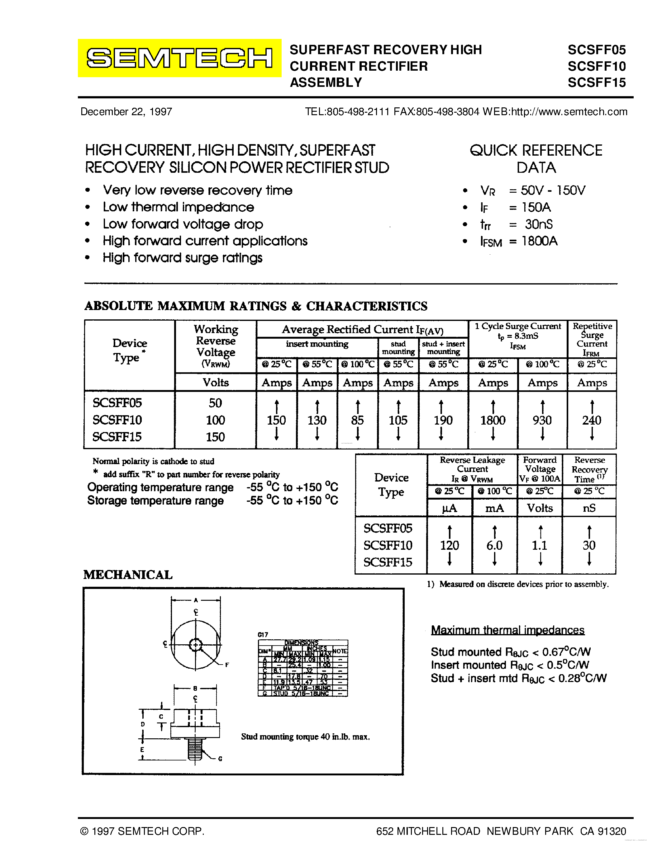 Datasheet SCSFF05 page 1 Datasheet SCSFF05 - (SCSFF05 - SCSFF15) SUPERFAST RECOVERY HIGH CURRENT RECTIFIER ASSEMBLY page 1