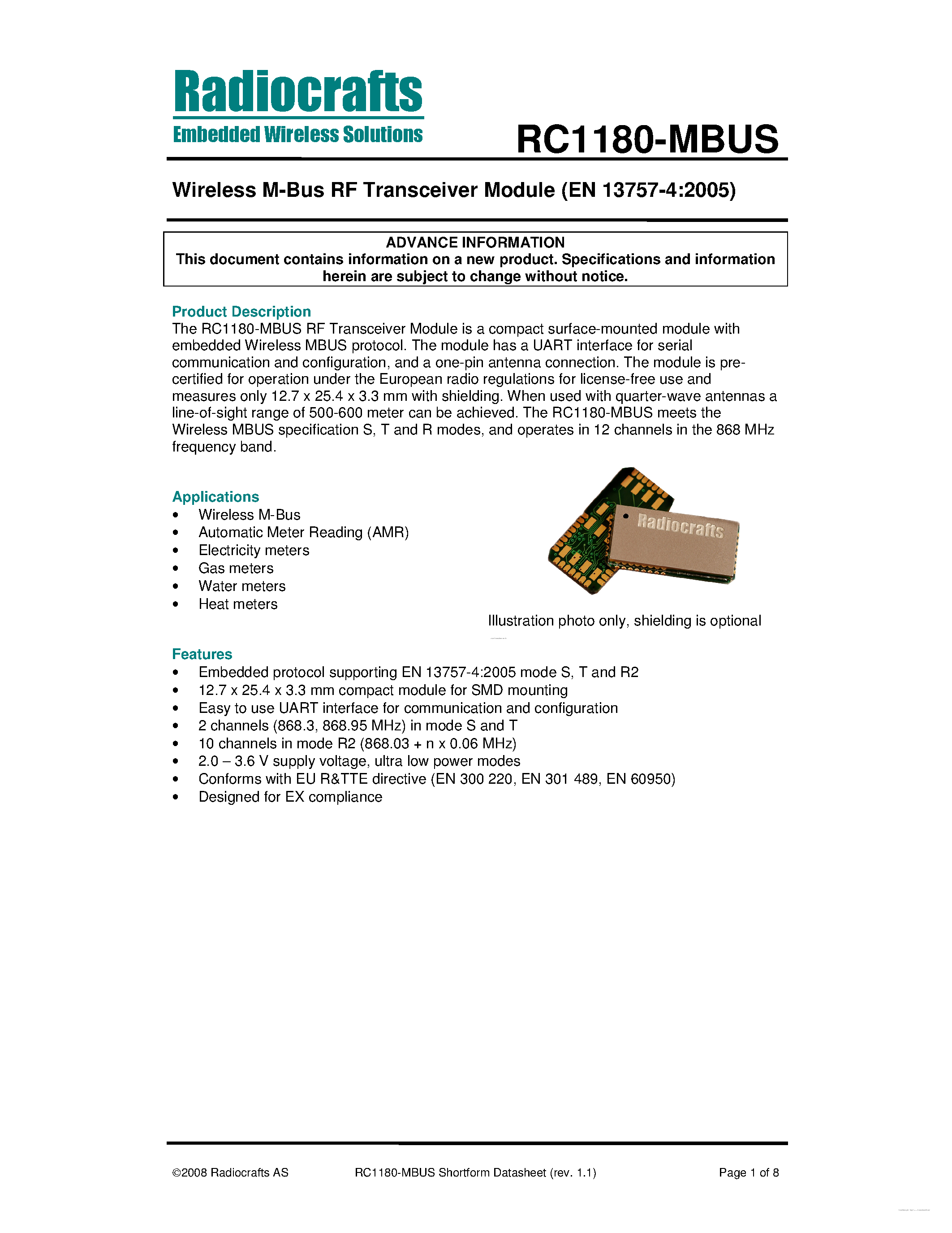 Datasheet RC1180-MBUS - Wireless M-Bus RF Transceiver Module page 1