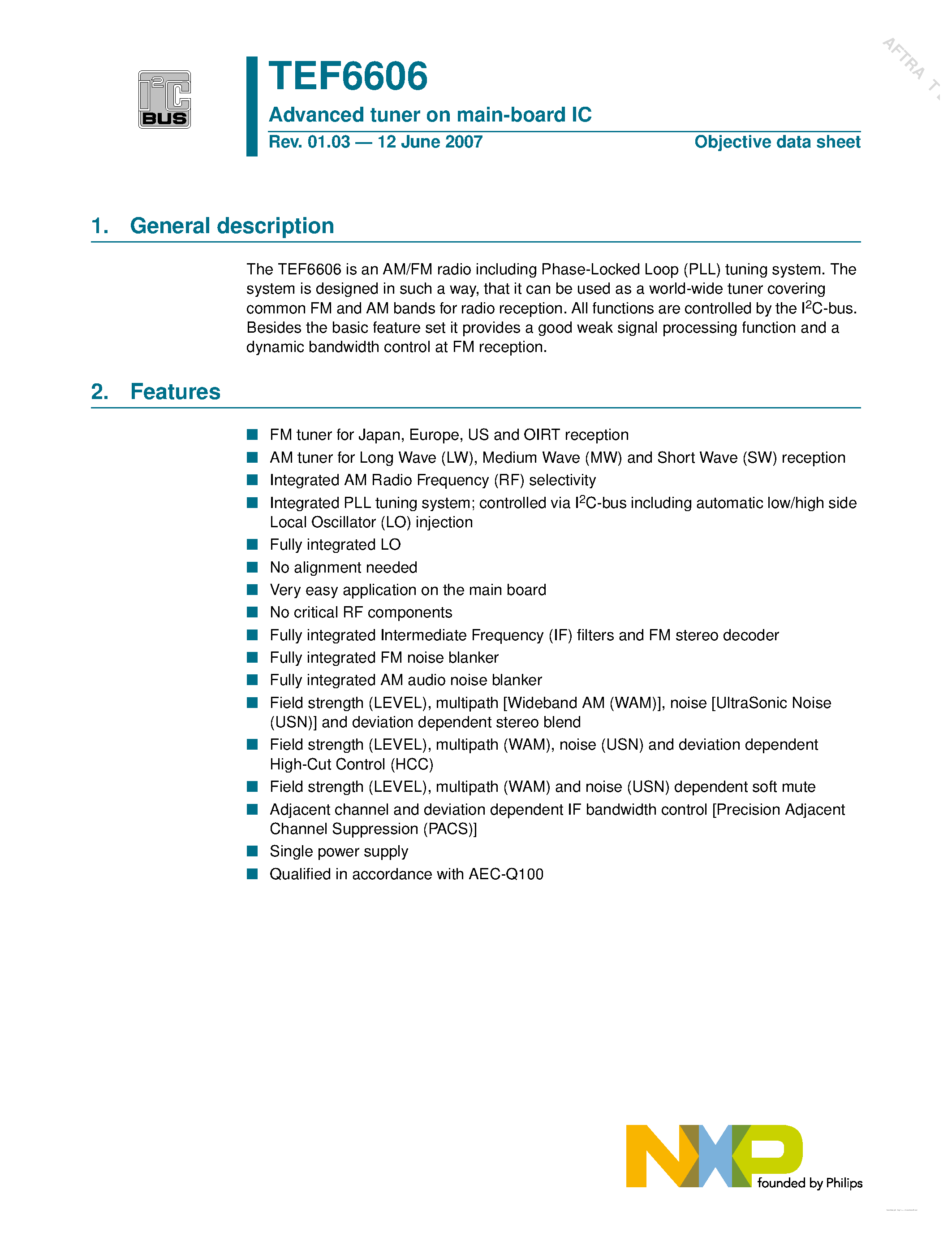 Даташит TEF6606 - Advanced tuner on main-board IC страница 1