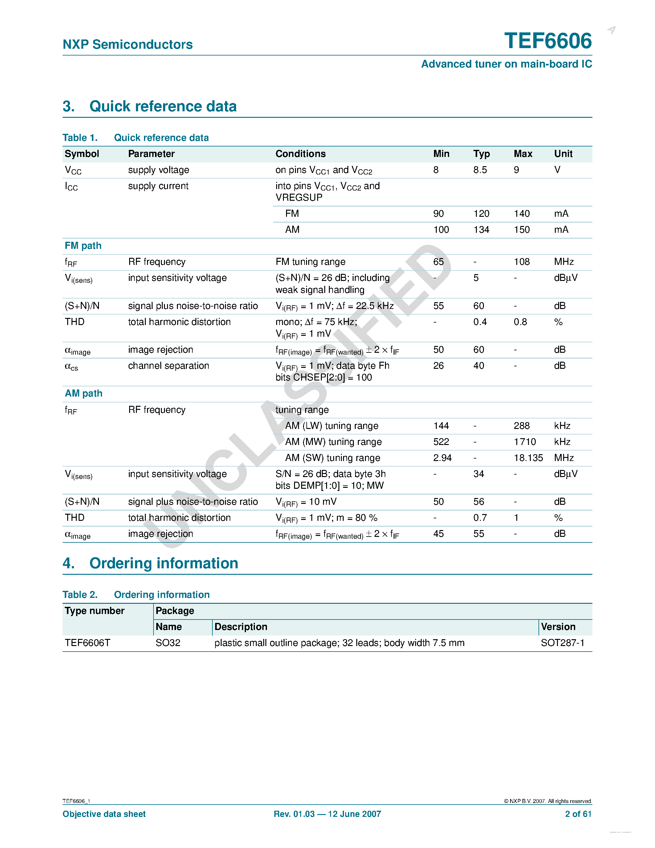 Даташит TEF6606 - Advanced tuner on main-board IC страница 2