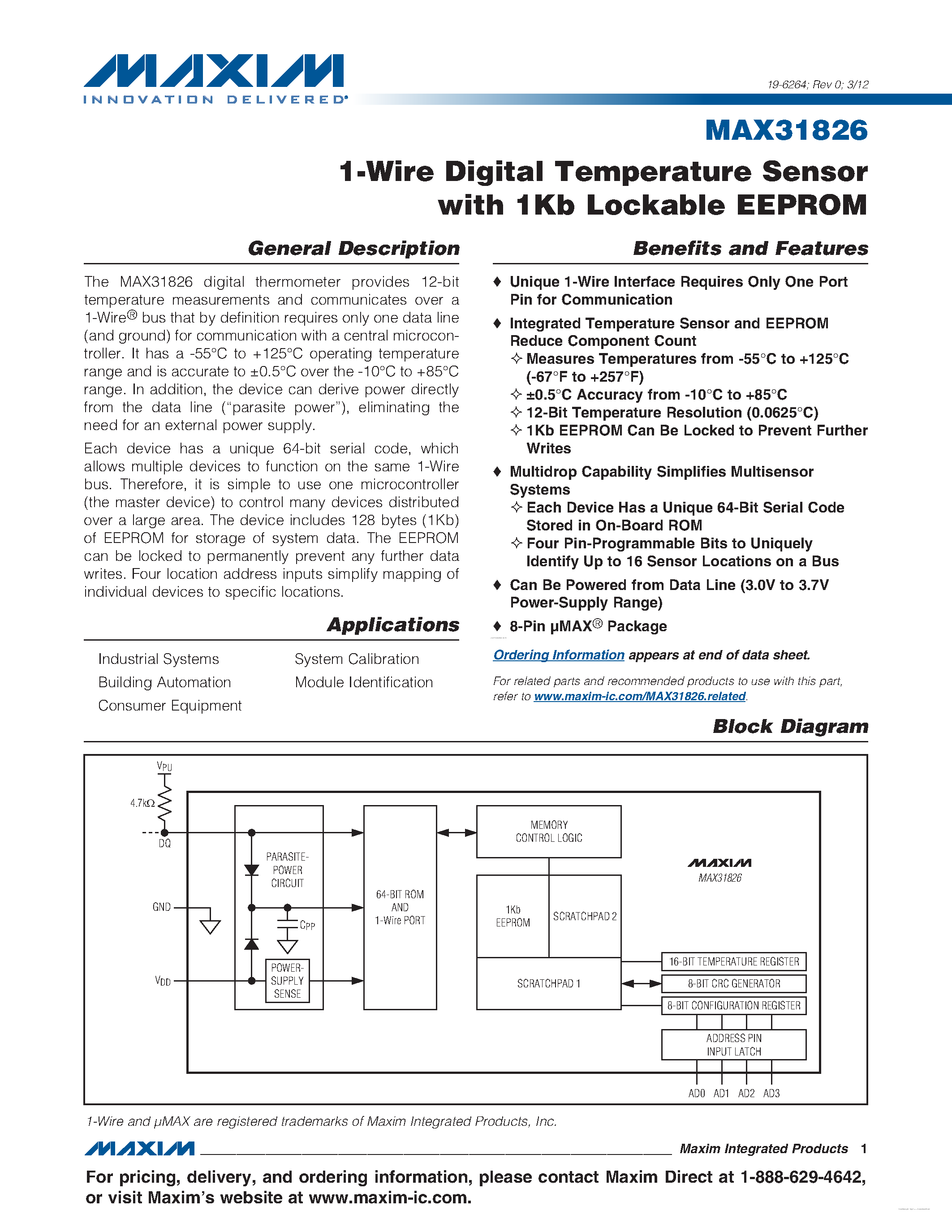 Datasheet MAX31826 - 1-Wire Digital Temperature Sensor page 1