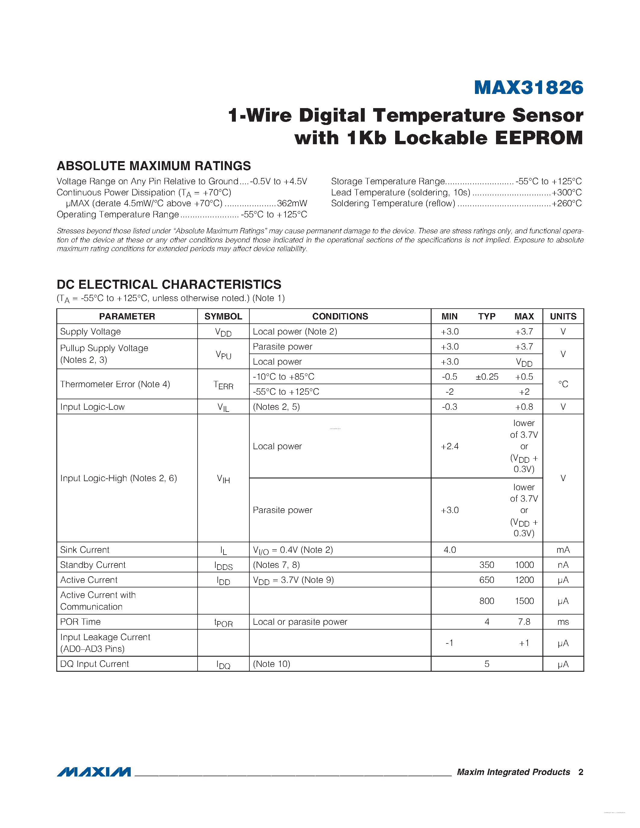 Datasheet MAX31826 - 1-Wire Digital Temperature Sensor page 2