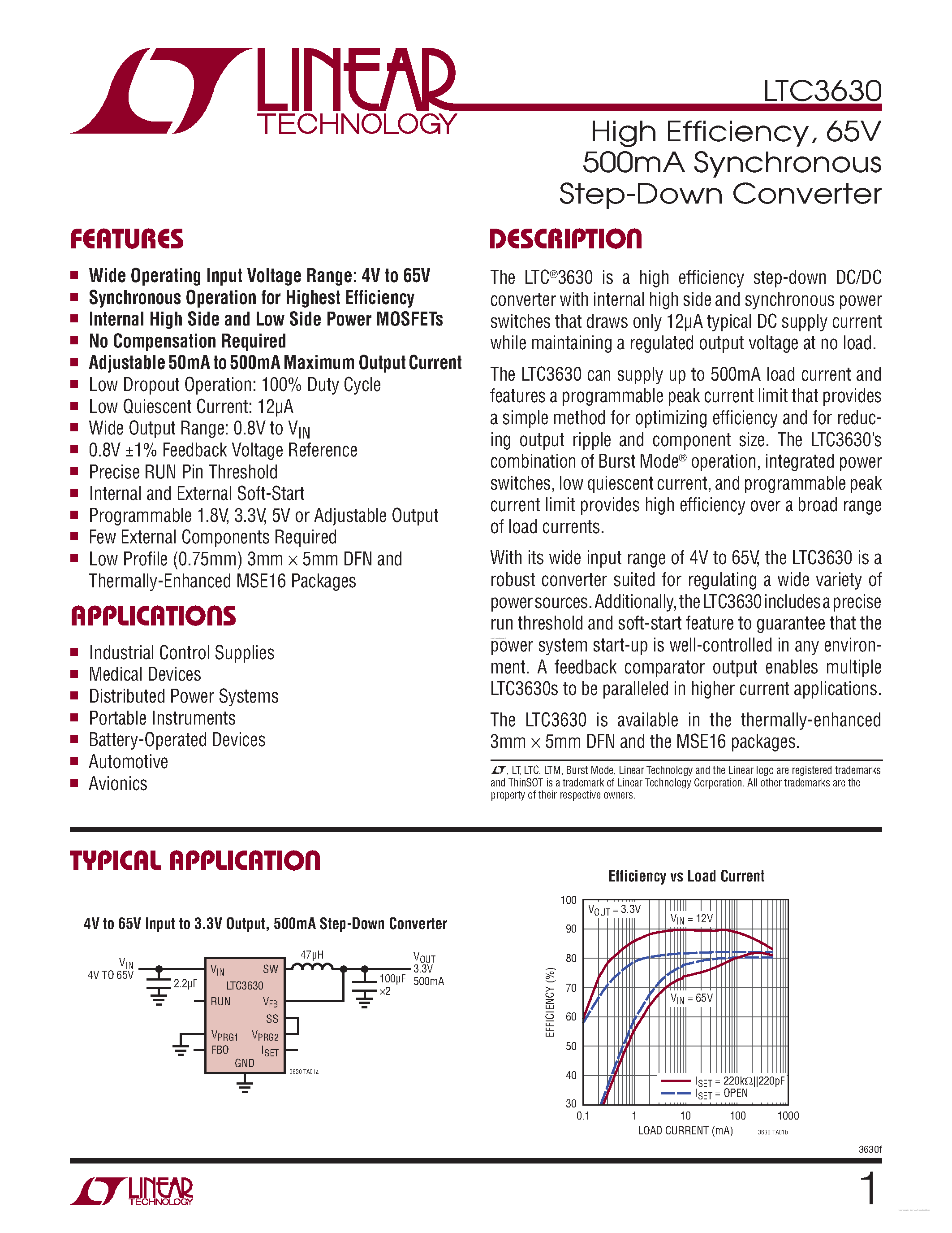 Datasheet LTC3630 - 65V 500mA Synchronous Step-Down Converter page 1
