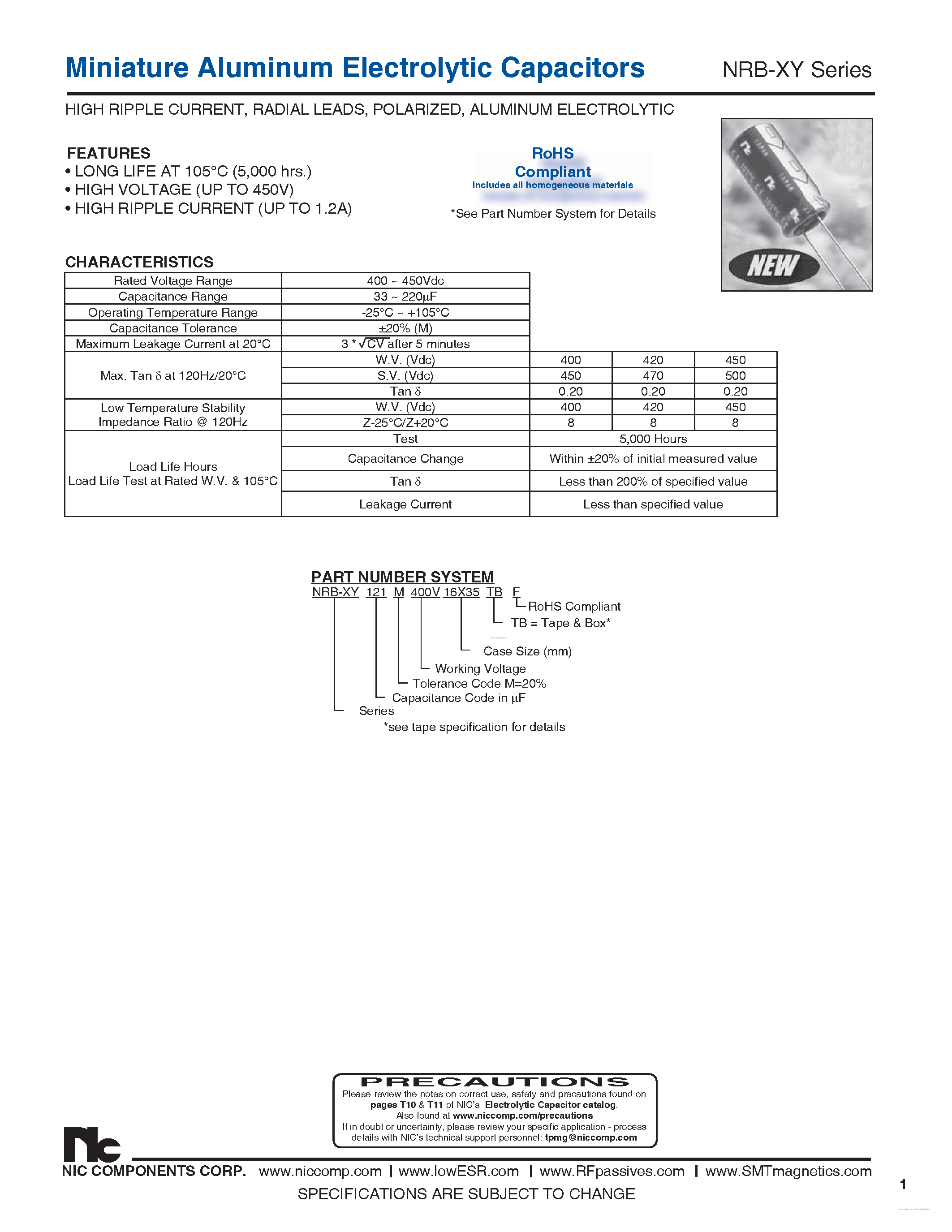 Datasheet NRB-XY - Capacitor Aluminum page 1