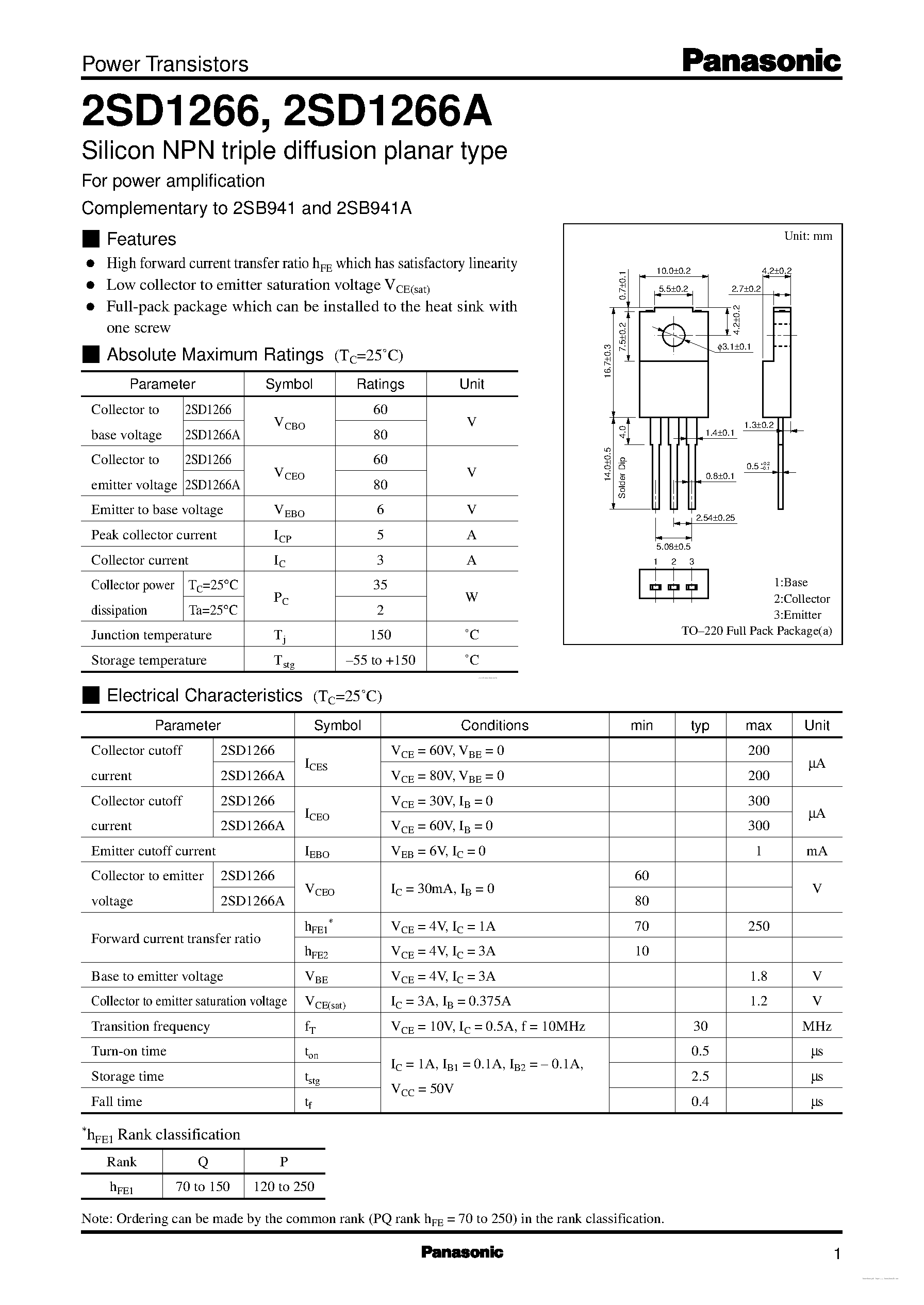 Datasheet D1266 page 1 Datasheet D1266 - Search -----> 2SD1266 page 1