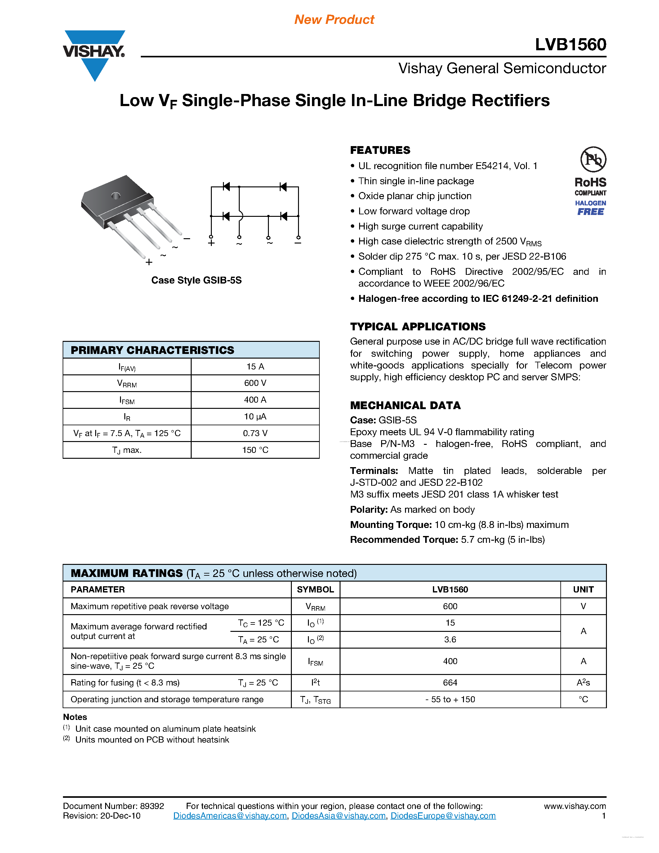 Datasheet LVB1560 - Low VF Single-Phase Single In-Line Bridge Rectifiers page 1