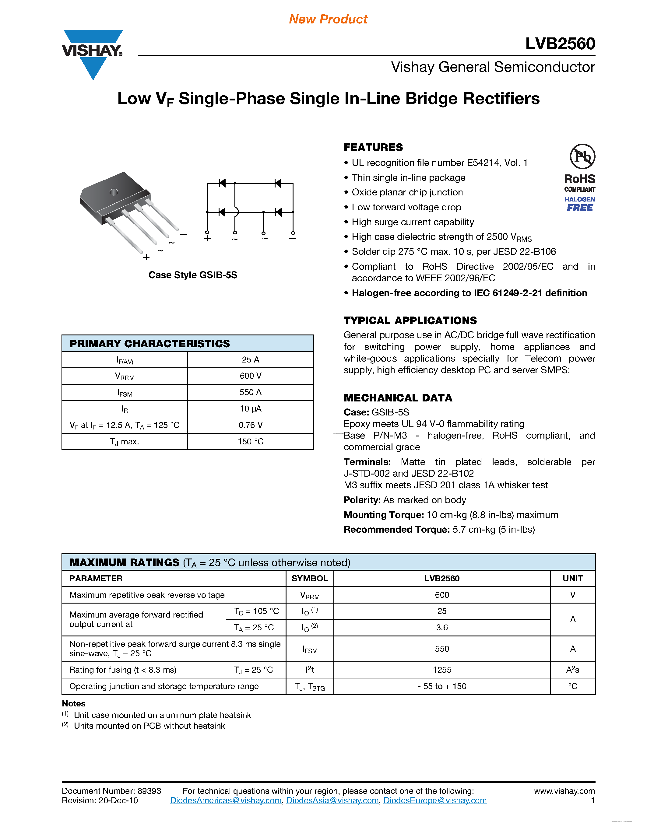 Datasheet LVB2560 page 1 Datasheet LVB2560 - Low VF Single-Phase Single In-Line Bridge Rectifiers page 1