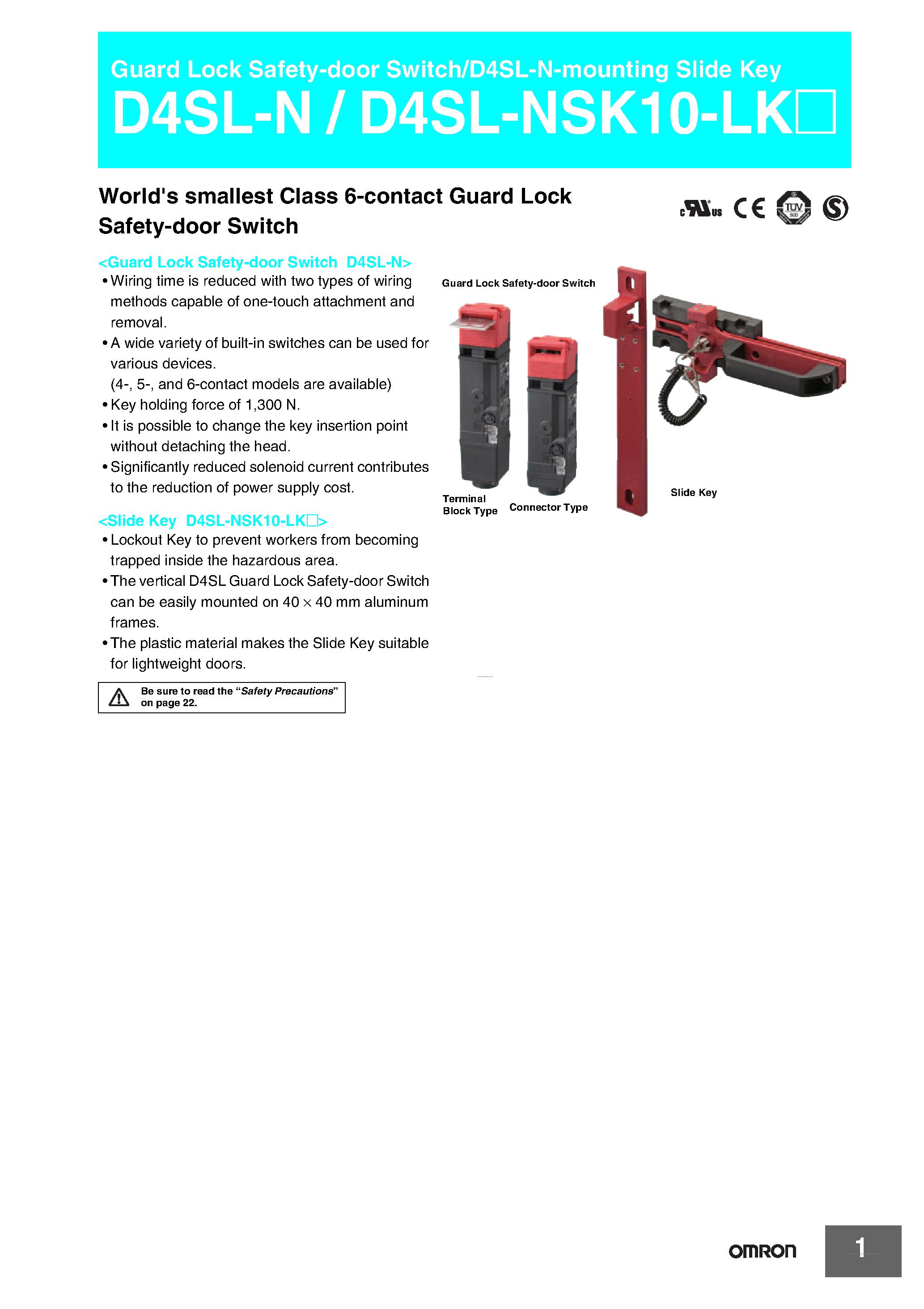 Даташит на микросхему D4SL-NSK10-LKx страница 1 Даташит D4SL-NSK10-LKx - Guard Lock Safety-door Switch страница 1