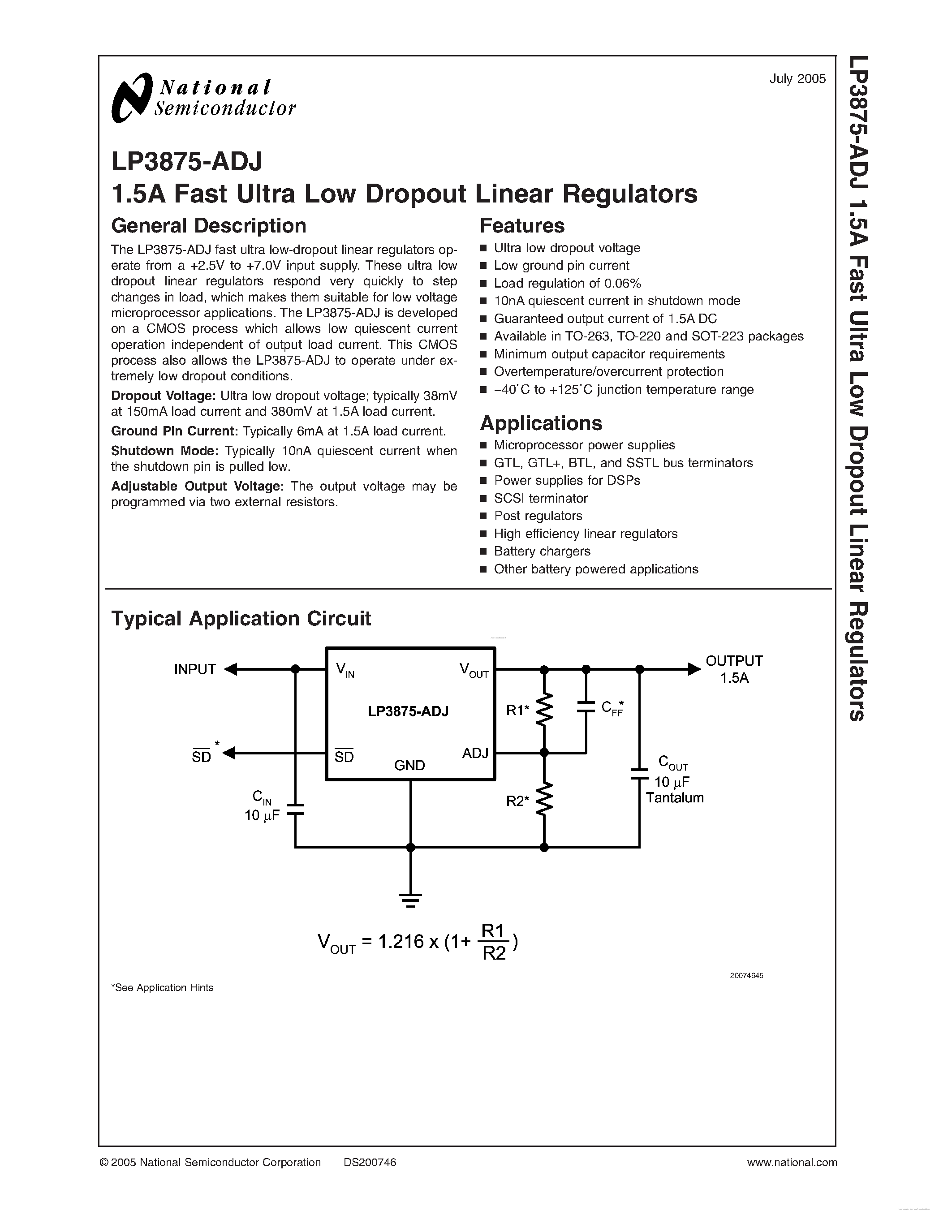 Даташит на микросхему LP3875-ADJ страница 1 Даташит LP3875-ADJ - 1.5A Fast Ultra Low Dropout Linear Regulators страница 1