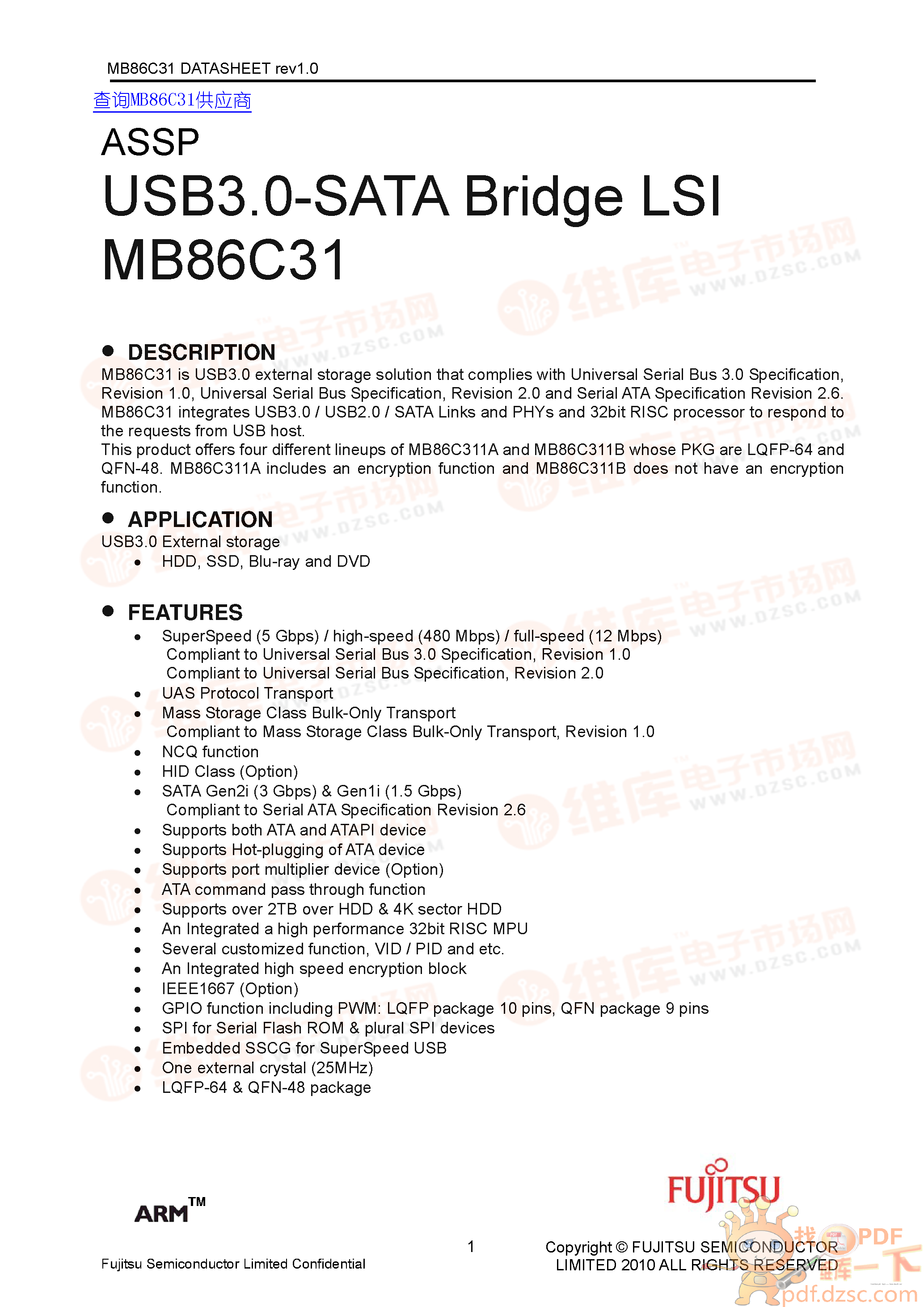Datasheet MB86C31 - USB3.0-SATA Bridge LSI page 1