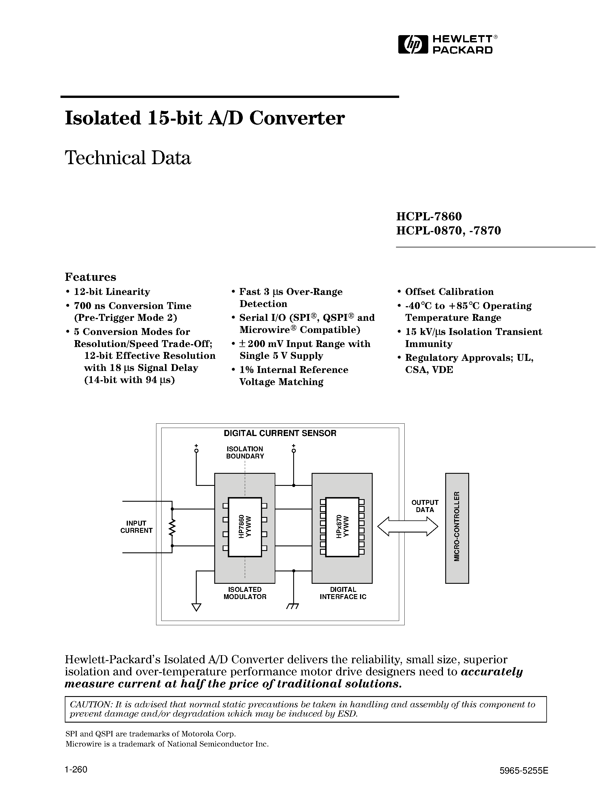Даташит HCPL-7860 - Isolated 15-bit A/D Converter страница 1