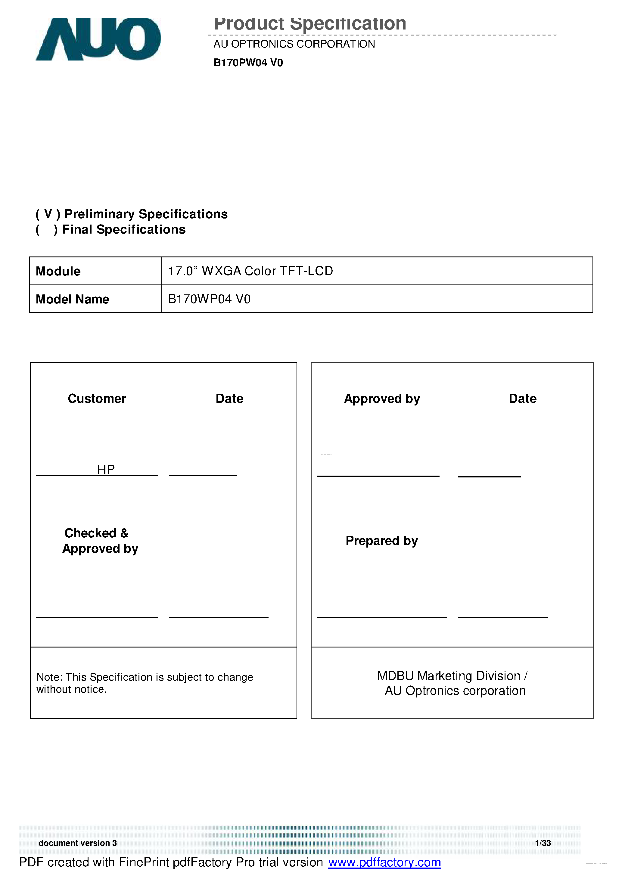 Даташит на микросхему B170PW04-V0 страница 1 Даташит B170PW04-V0 - Color TFT-LCD страница 1