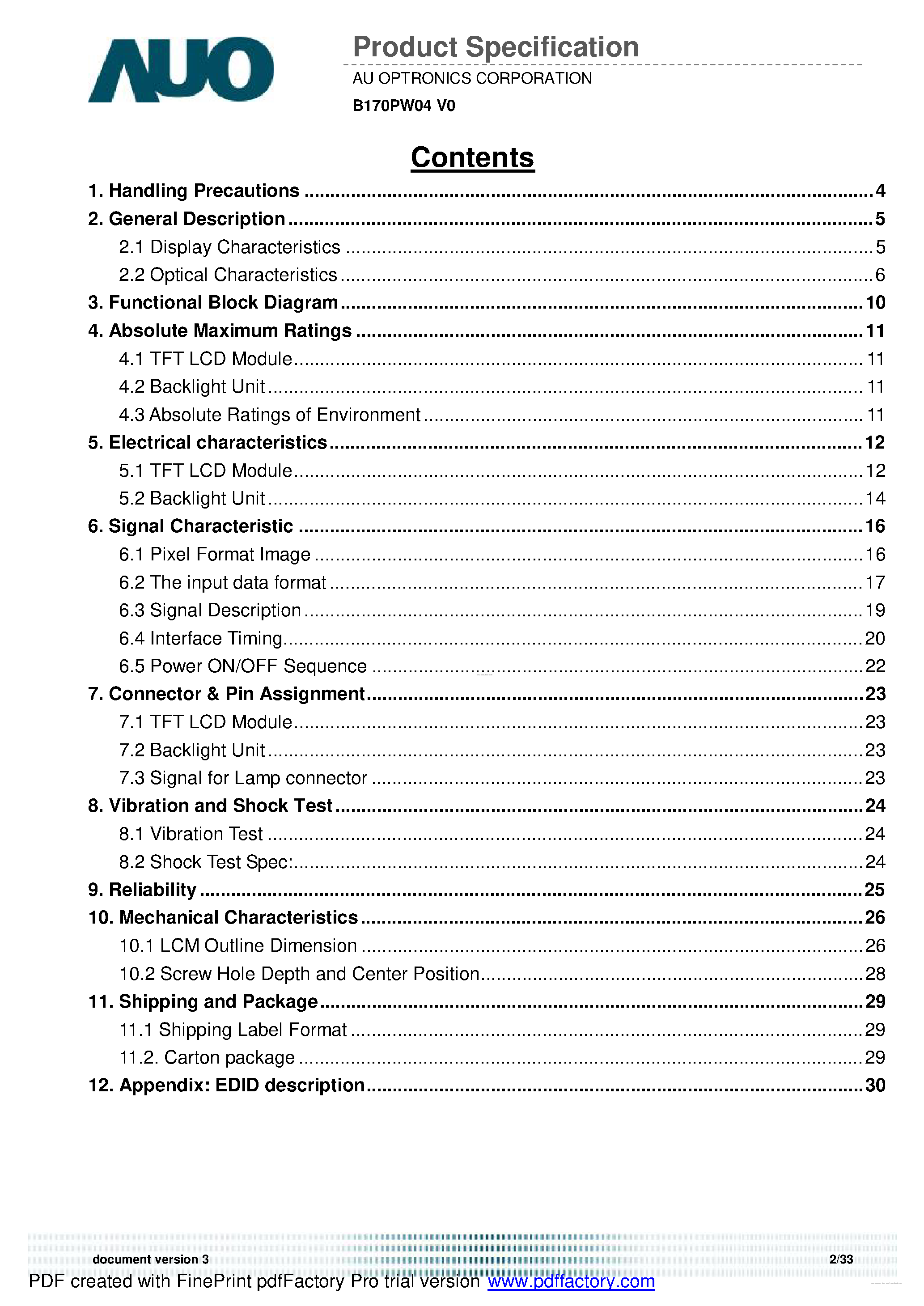 Даташит на микросхему B170PW04-V0 страница 2 Даташит B170PW04-V0 - Color TFT-LCD страница 2