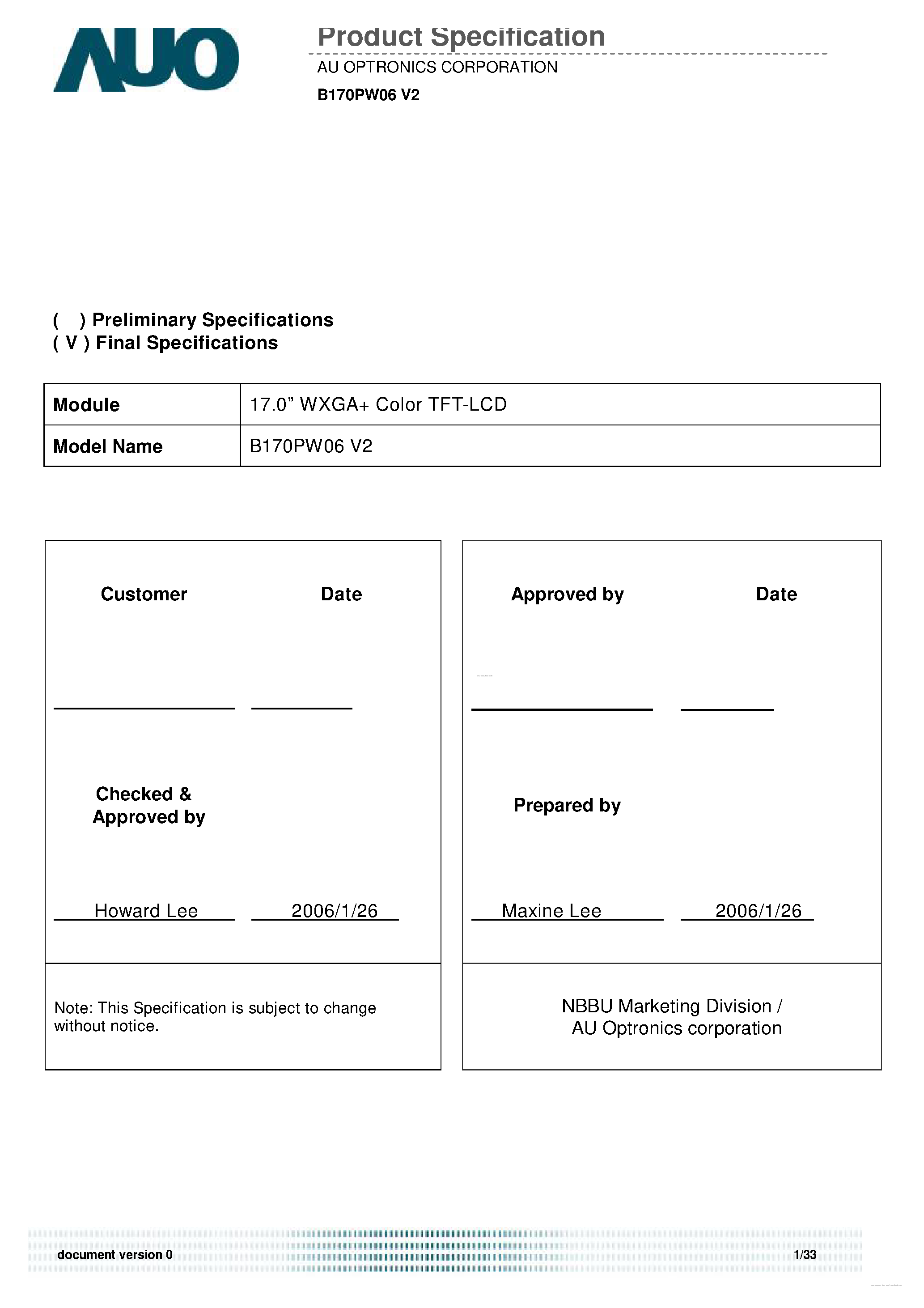 Даташит на микросхему B170PW06-V2 страница 1 Даташит B170PW06-V2 - Color TFT-LCD страница 1
