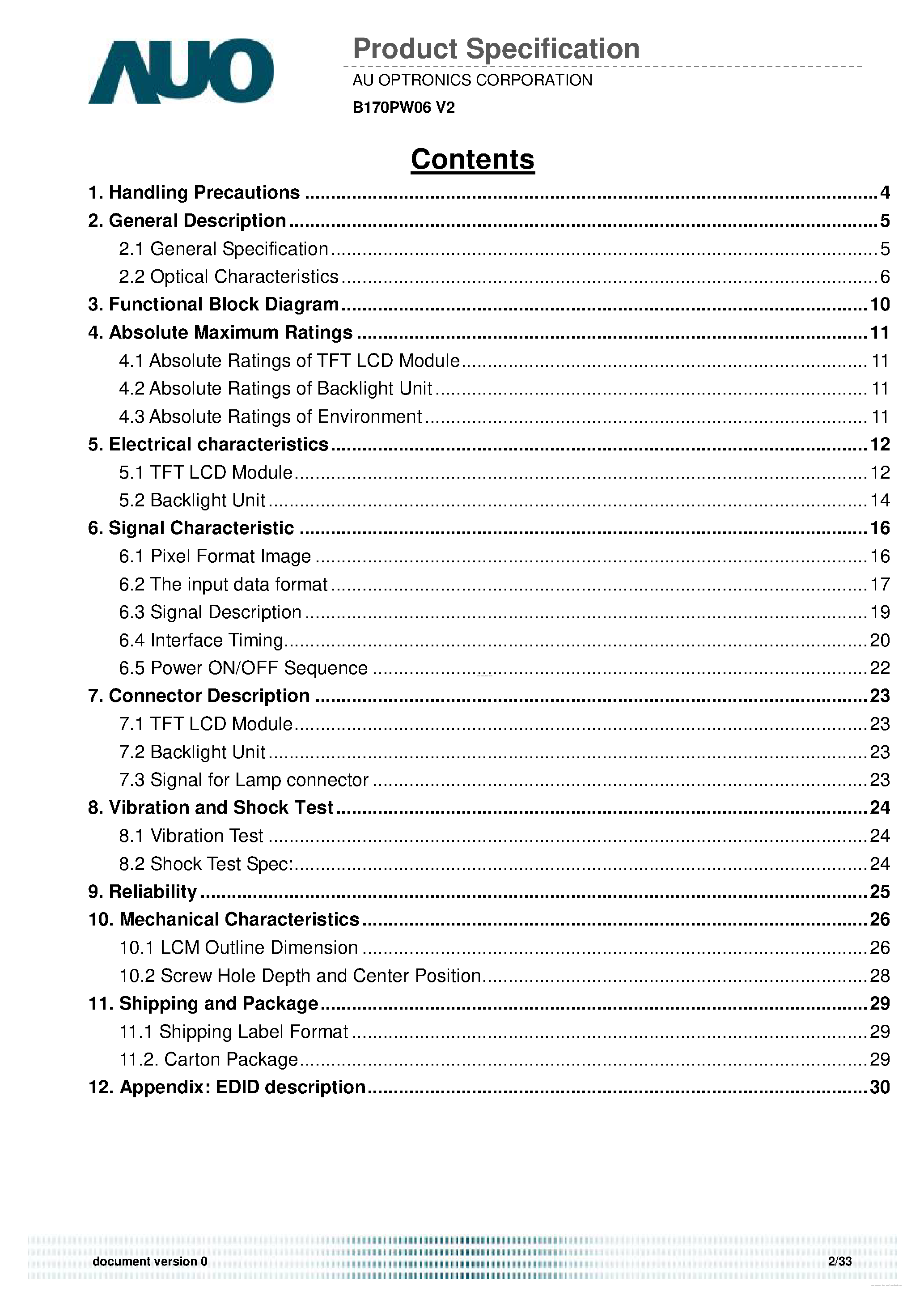 Даташит на микросхему B170PW06-V2 страница 2 Даташит B170PW06-V2 - Color TFT-LCD страница 2