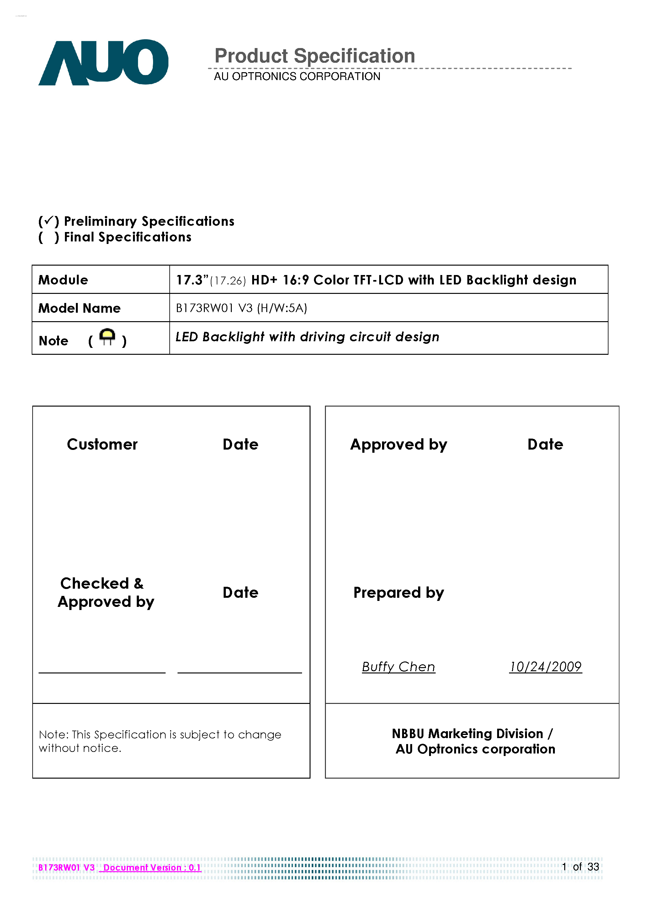 Даташит B173RW01-V3 - Color TFT-LCD страница 1