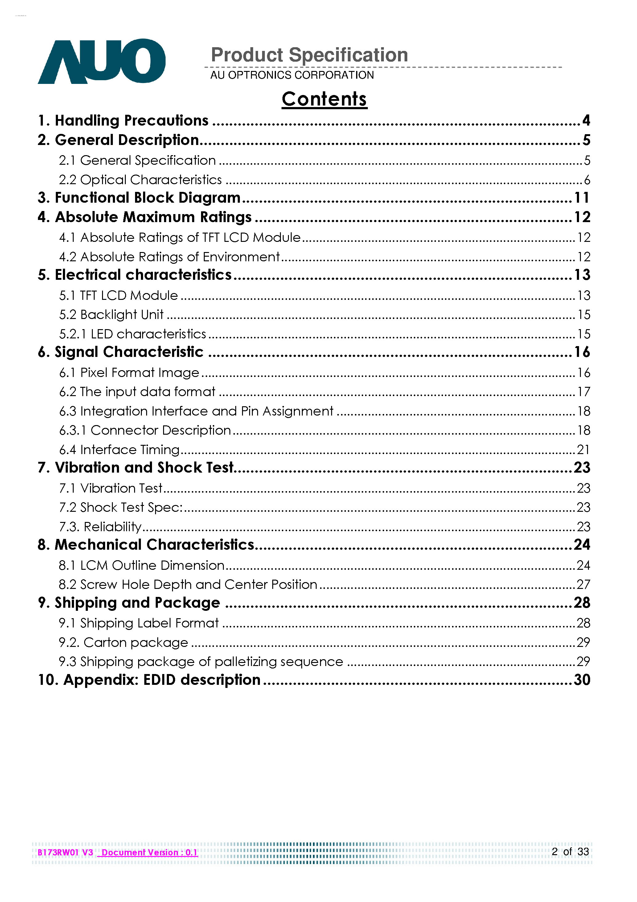 Даташит B173RW01-V3 - Color TFT-LCD страница 2