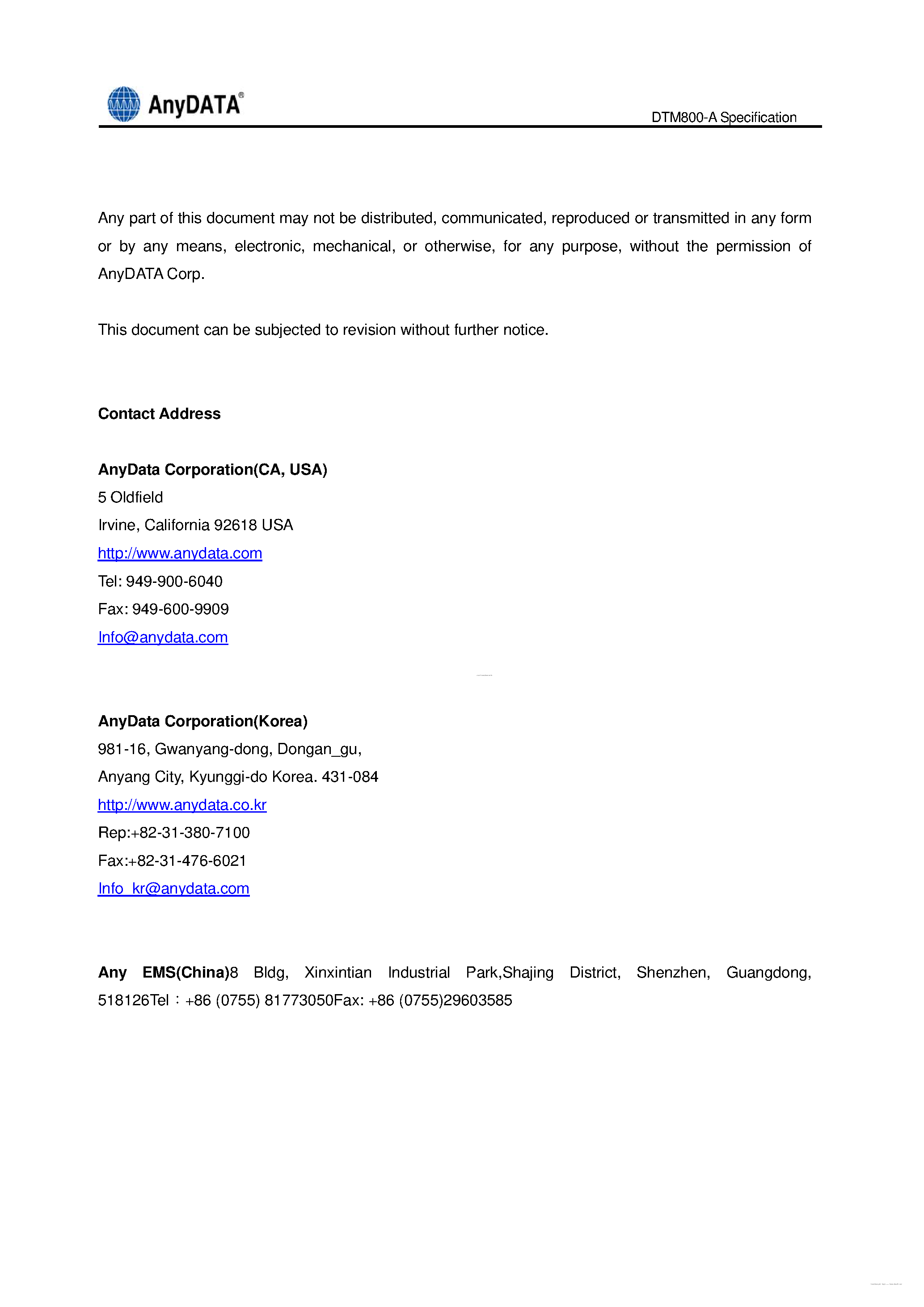 Datasheet DTM800-A page 2 Datasheet DTM800-A - Module Application Information page 2