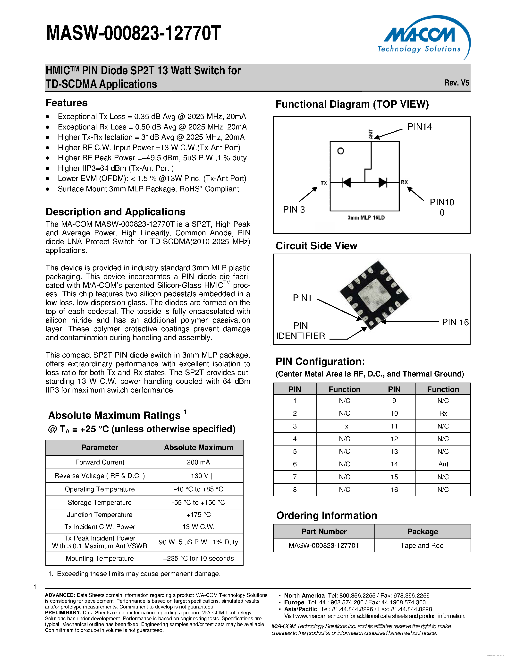 Datasheet MASW-000823-12770T page 1 Datasheet MASW-000823-12770T - HMICTM PIN Diode SP2T 13 Watt Switch page 1