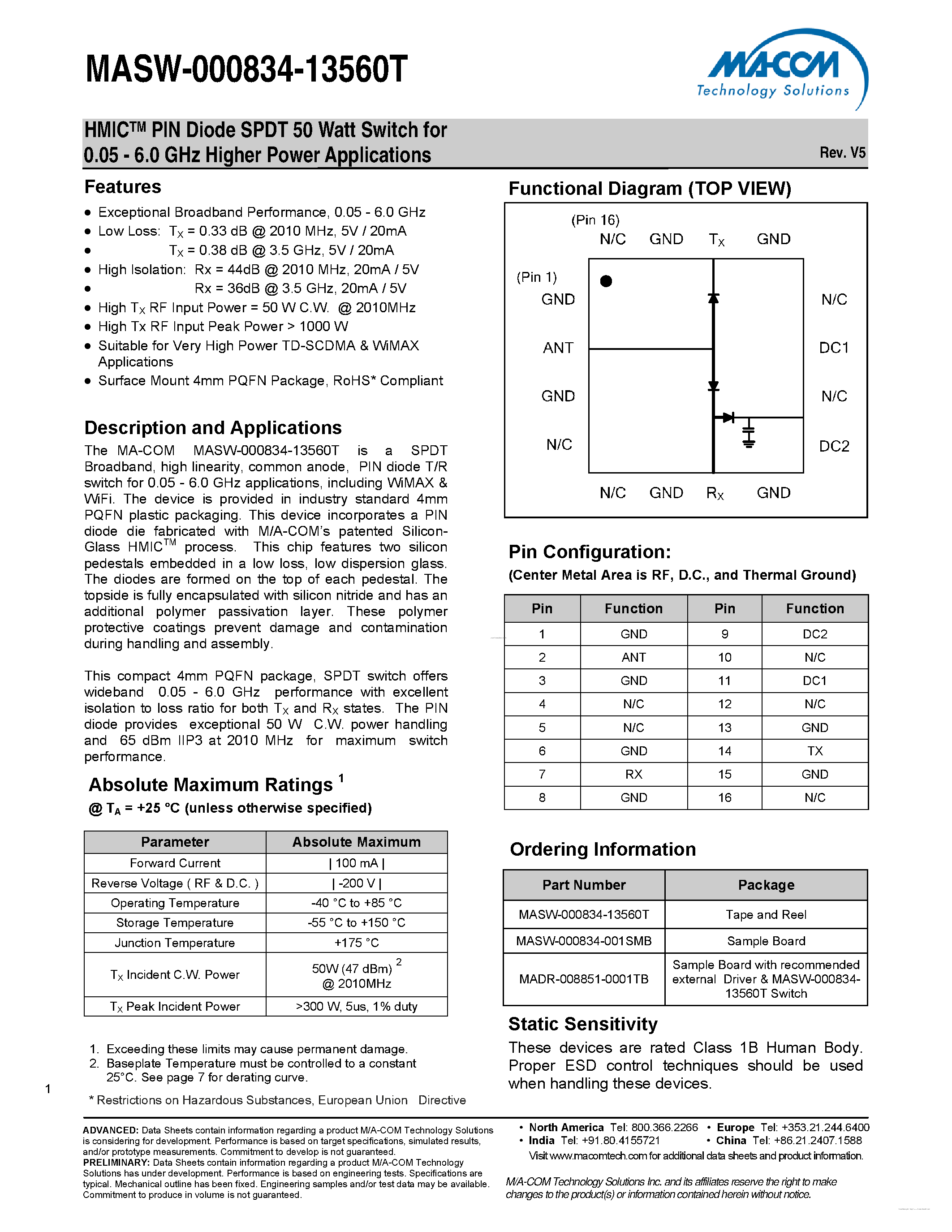 Datasheet MASW-000834-13560T - HMICTM PIN Diode SPDT 50 Watt Switch page 1