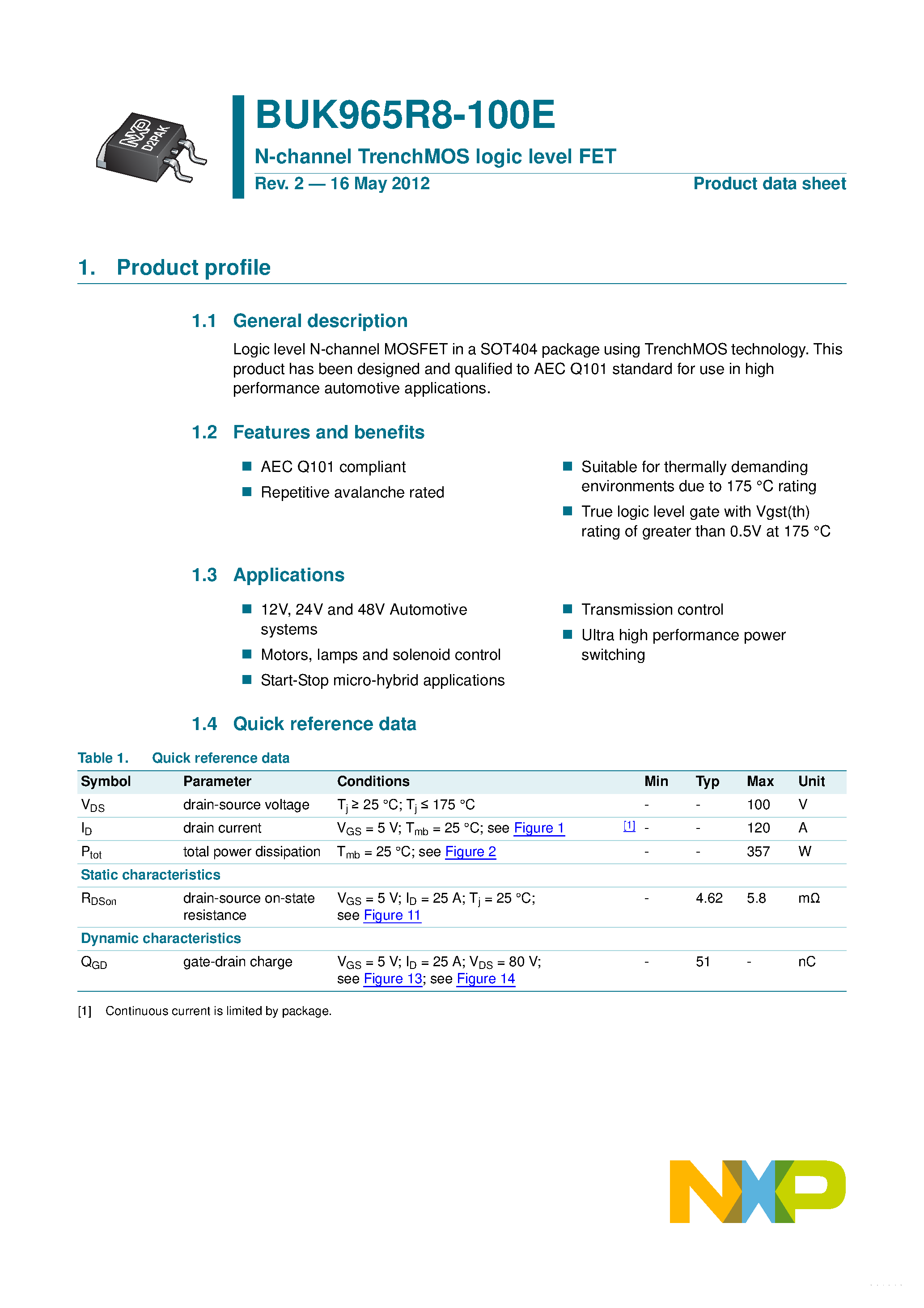 Datasheet BUK965R8-100E - N-channel TrenchMOS logic level FET page 1